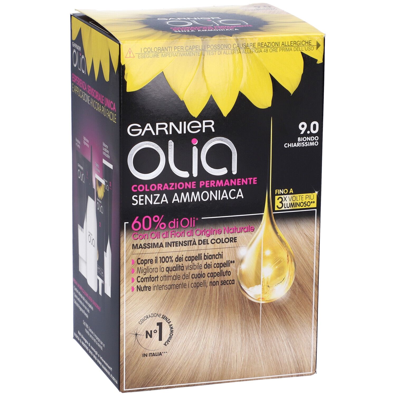 Confezione Garnier Olia 9.0, Biondo Chiarissimo. Scatola con logo, dettagli prodotto e goccia d'olio.