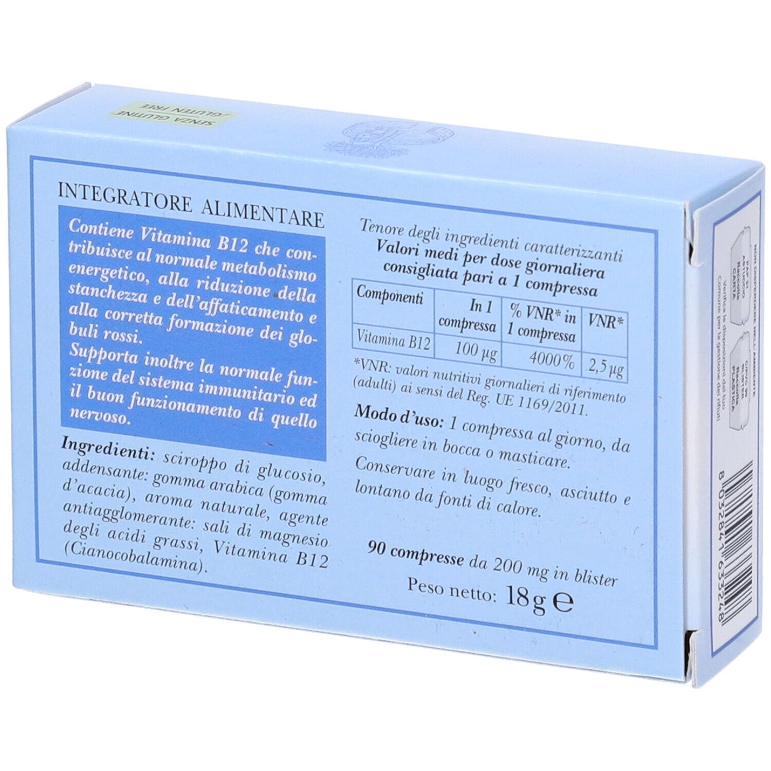 Rückseite der hellblauen Schachtel Erbamea Vitamina B12. Text und Inhaltsangaben. PEFC-Zertifizierung.