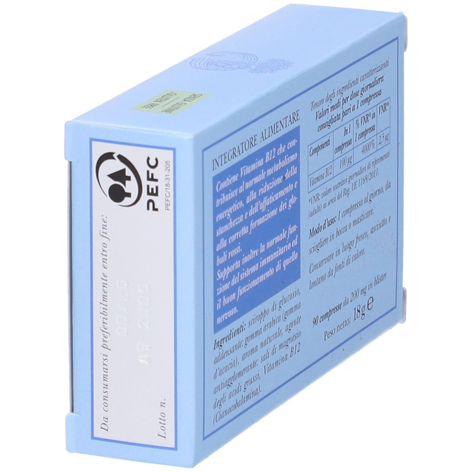 Rückseite der hellblauen Schachtel Erbamea Vitamina B12. Text und Inhaltsangaben. PEFC-Zertifizierung.