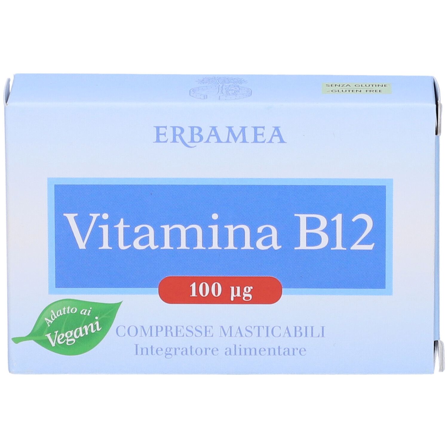 Hellblaue Schachtel Erbamea Vitamina B12. Text: 'Vitamina B12', '100 µg', 'Compresse Masticabili'. Vegan-Siegel.