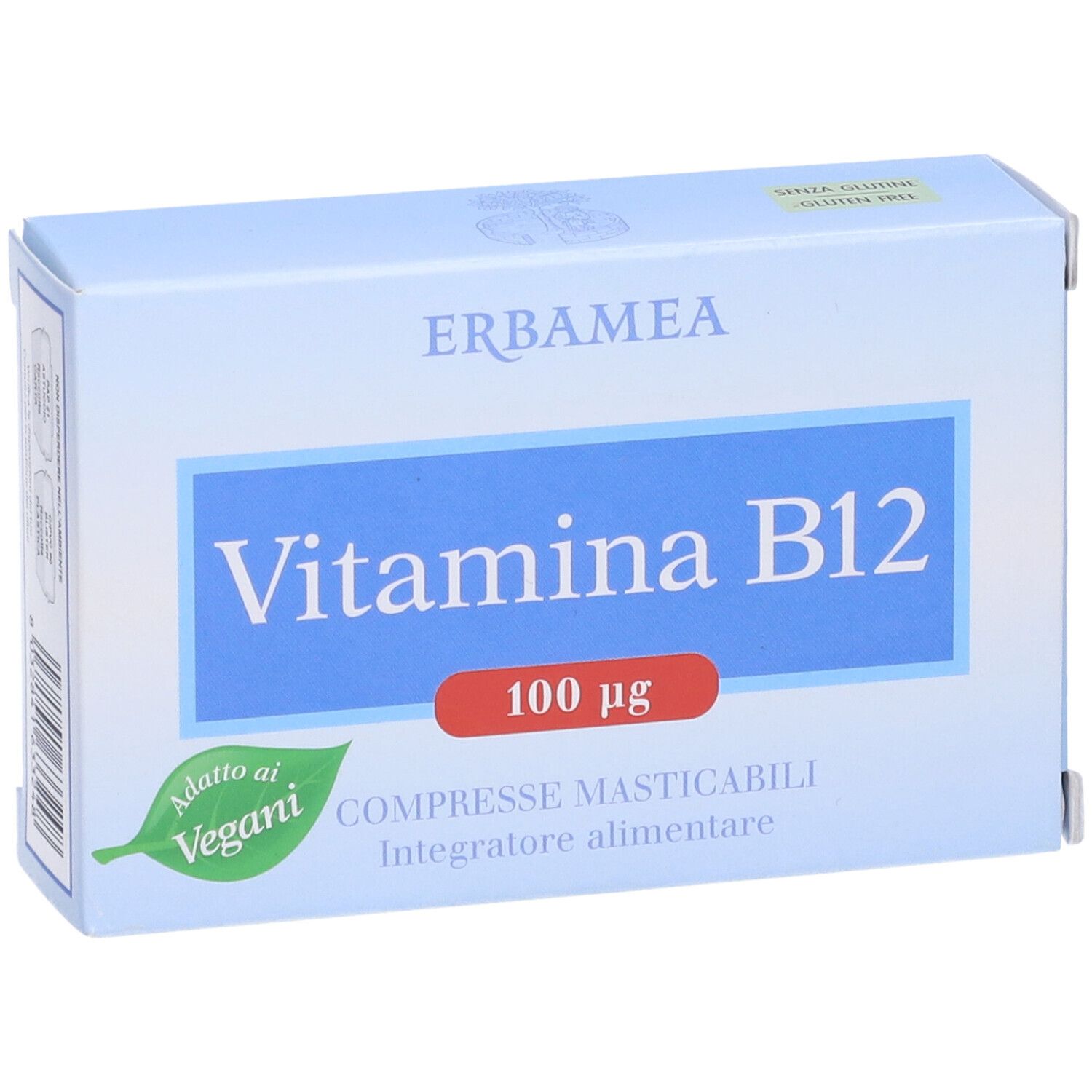 Hellblaue Schachtel Erbamea Vitamina B12. Text: 'Vitamina B12', '100 µg', 'Compresse Masticabili'. Vegan-Siegel.
