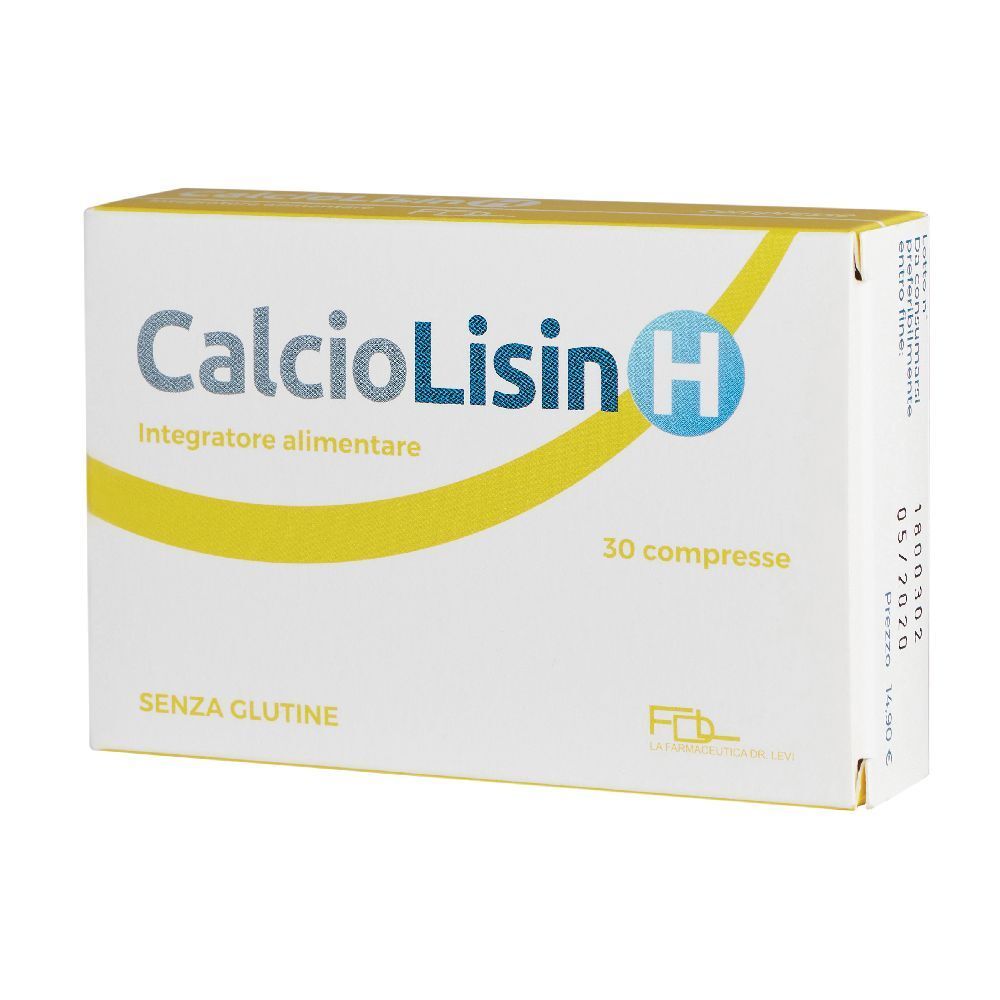 Scatola bianca con "CalcioLisin H" e "30 compresse". Fascia gialla. "SENZA GLUTINE" sotto.