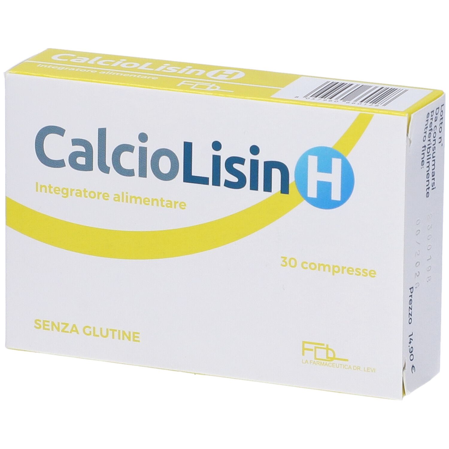 Scatola bianca con "CalcioLisin H" e "30 compresse". Fascia gialla. "SENZA GLUTINE" sotto.