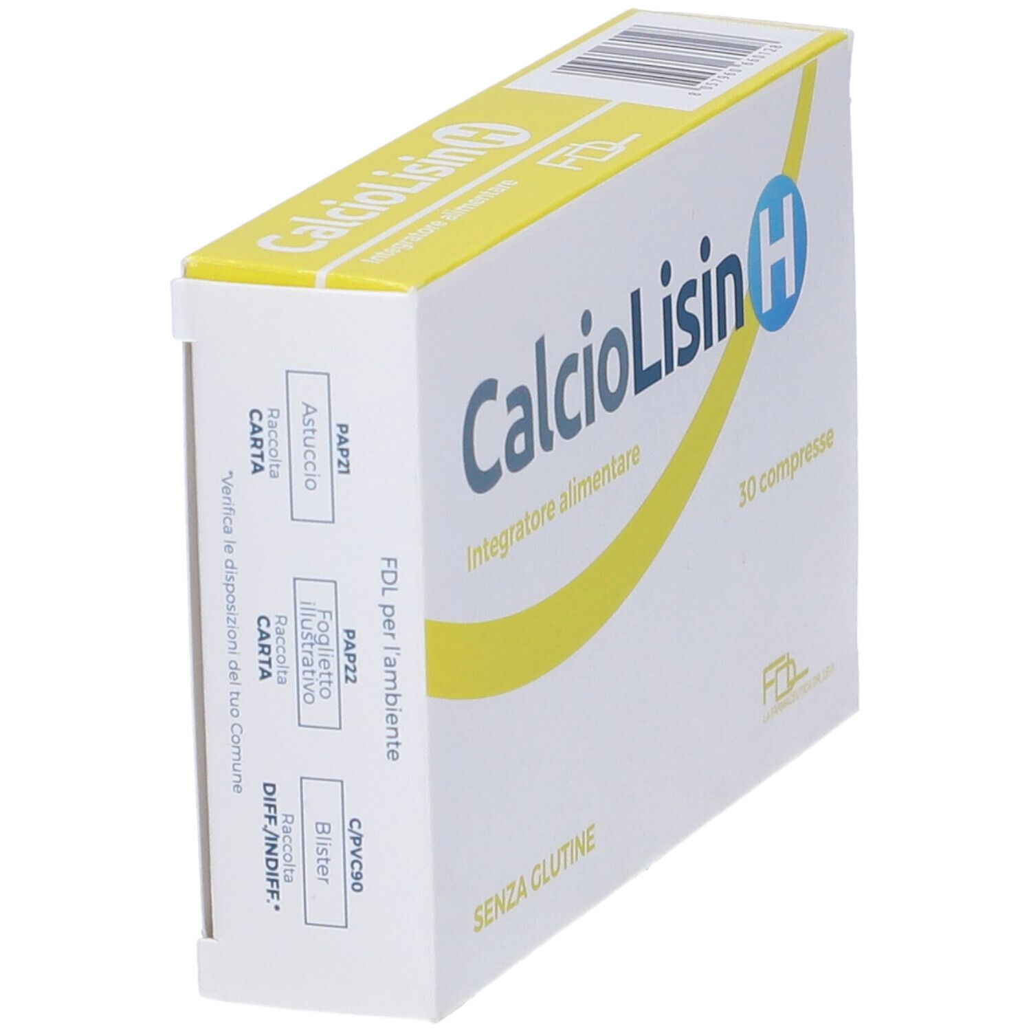 Scatola con "CalcioLisin H" e "30 compresse". Fascia gialla. "SENZA GLUTINE". Retro con informazioni.
