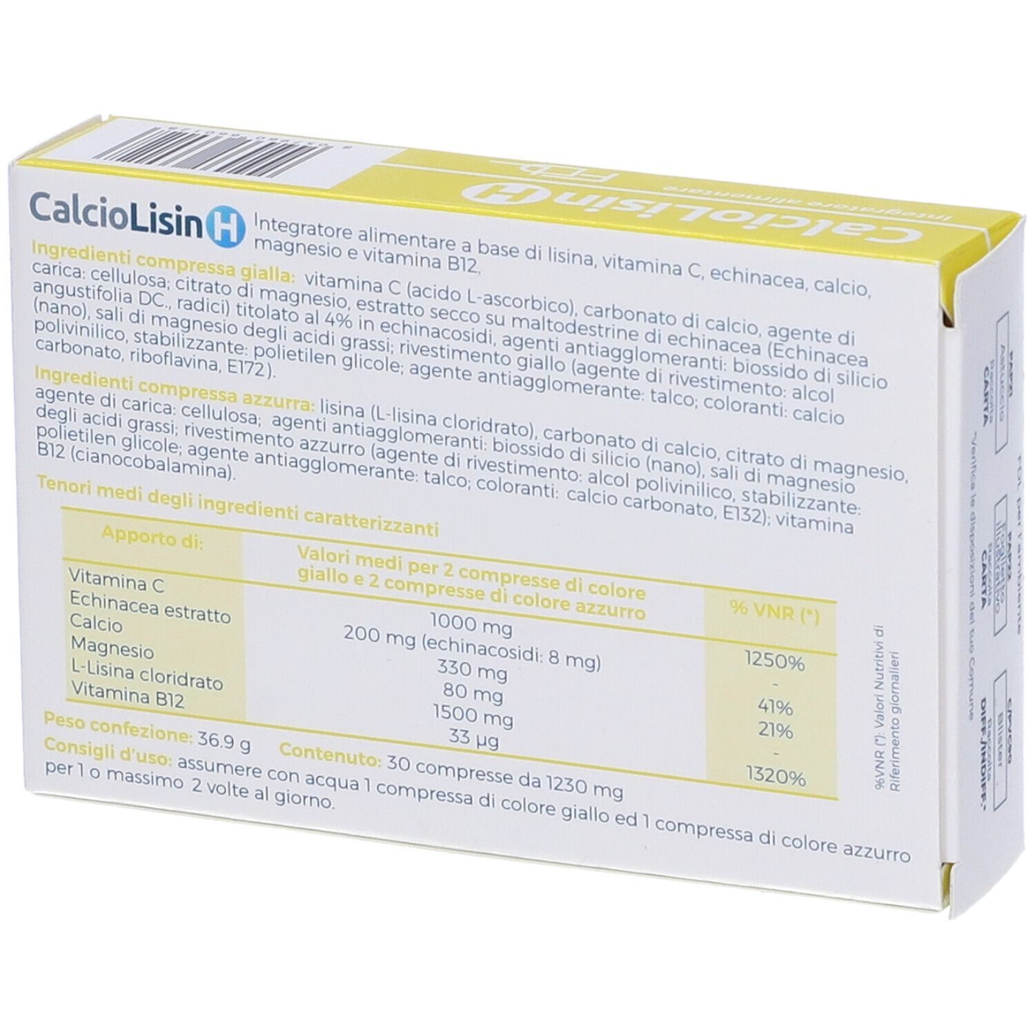 Retro della scatola con ingredienti e tabella nutrizionale per "CalcioLisin H".