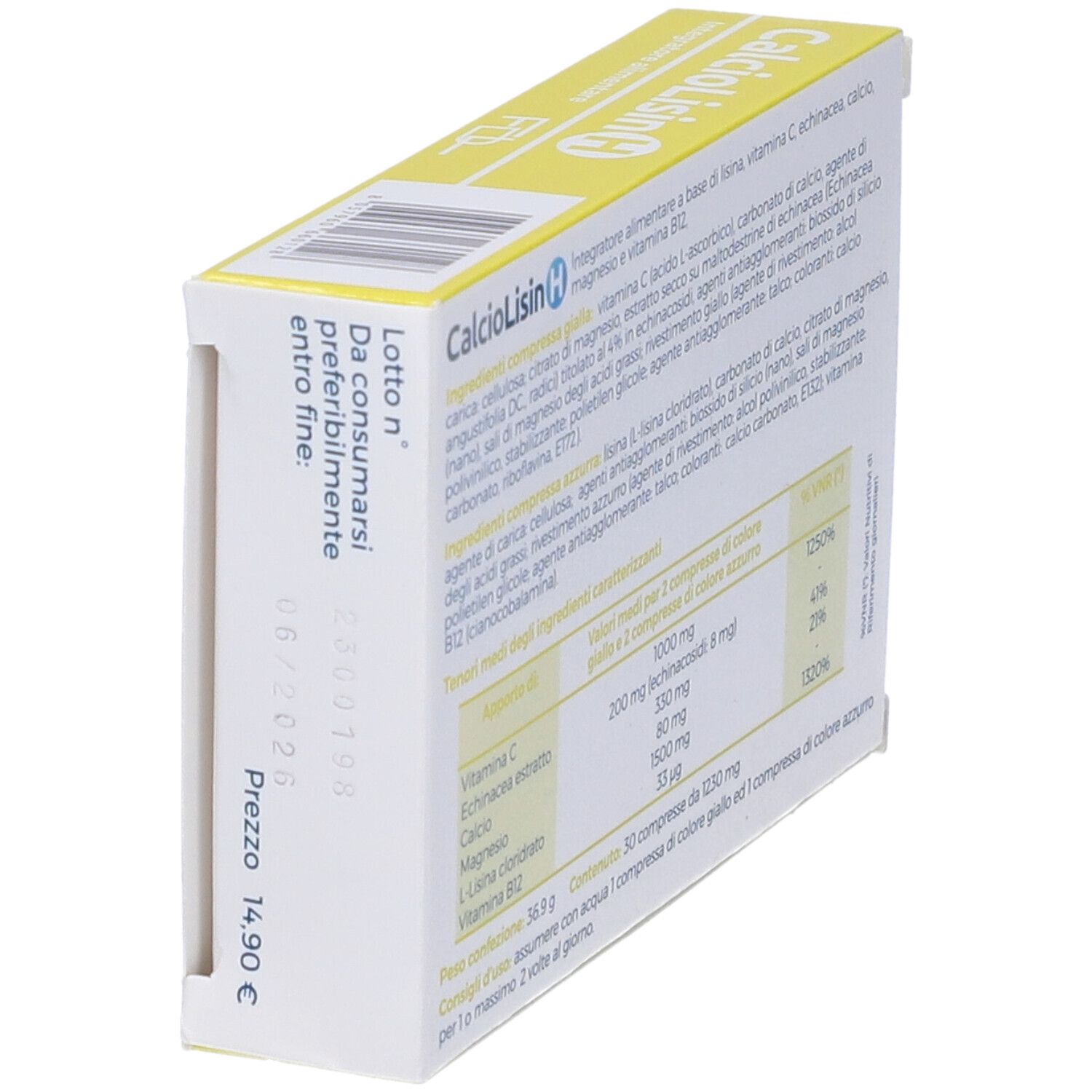 Scatola con "CalcioLisin H" e informazioni. Prezzo 14,90 €. Data di scadenza.