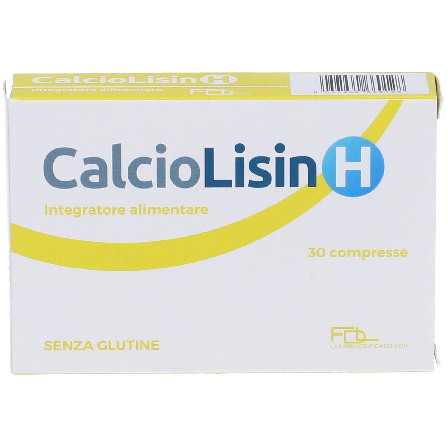 Scatola bianca con "CalcioLisin H" e "30 compresse". Fascia gialla. "SENZA GLUTINE" sotto.