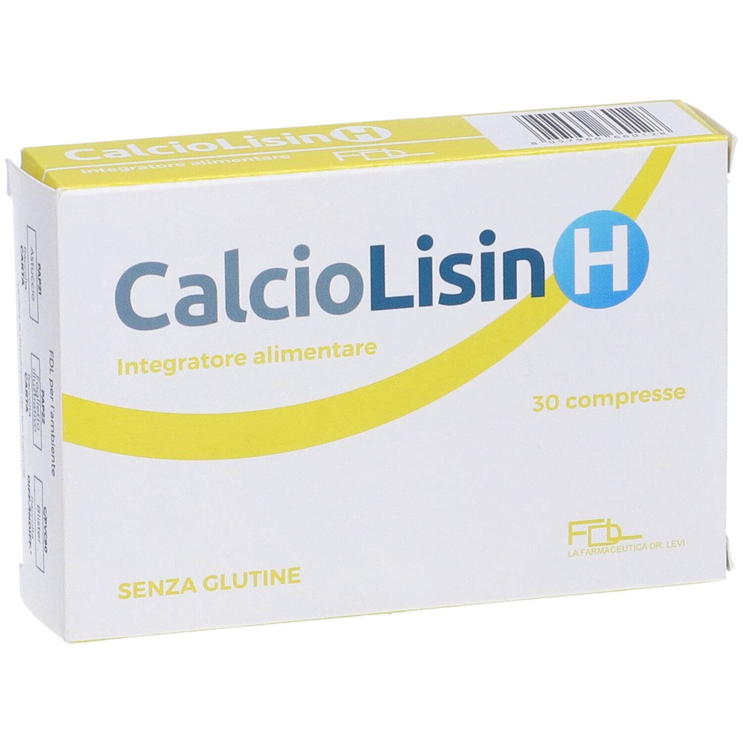 Scatola bianca con "CalcioLisin H" e "30 compresse". Fascia gialla. "SENZA GLUTINE" sotto.