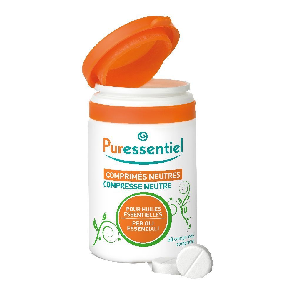 Compresse bianche vicino a un flacone bianco con coperchio arancione. Scritta: Puressentiel, Comprimés Neutres.