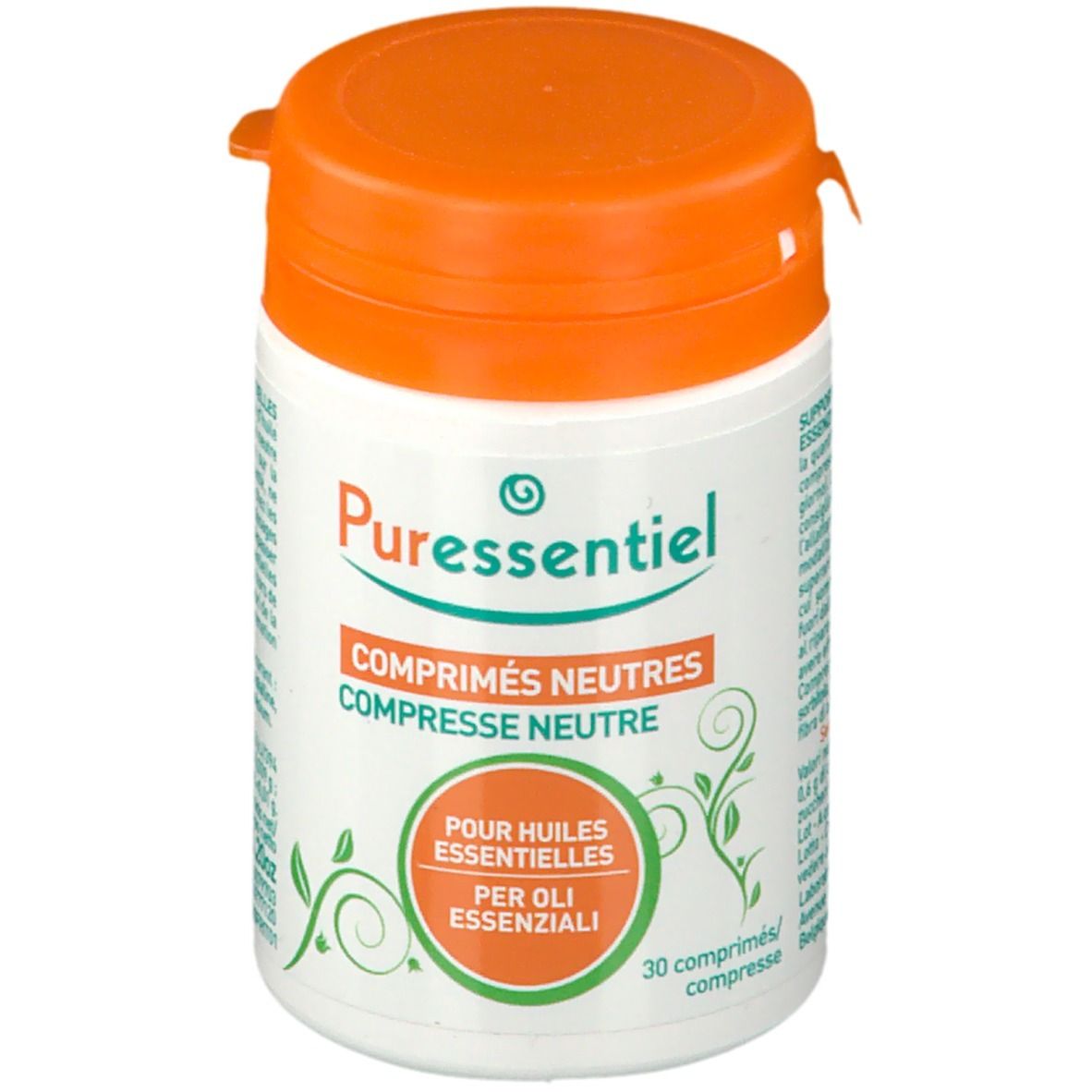 Flacone bianco con coperchio arancione. Scritta: Puressentiel, Comprimés Neutres. Etichetta con informazioni.