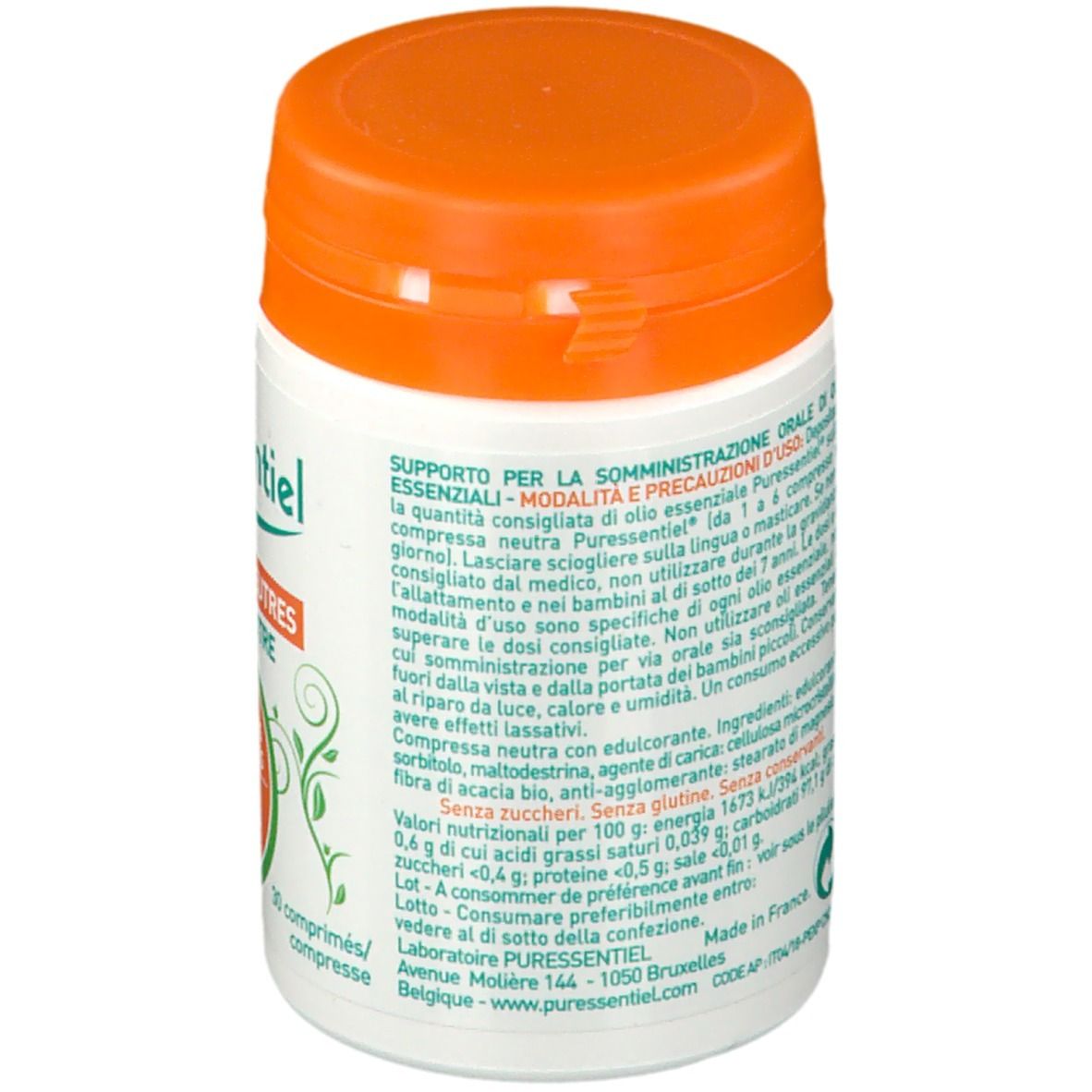 Retro di un flacone bianco con coperchio arancione. Testo: informazioni prodotto, ingredienti, valori nutrizionali.