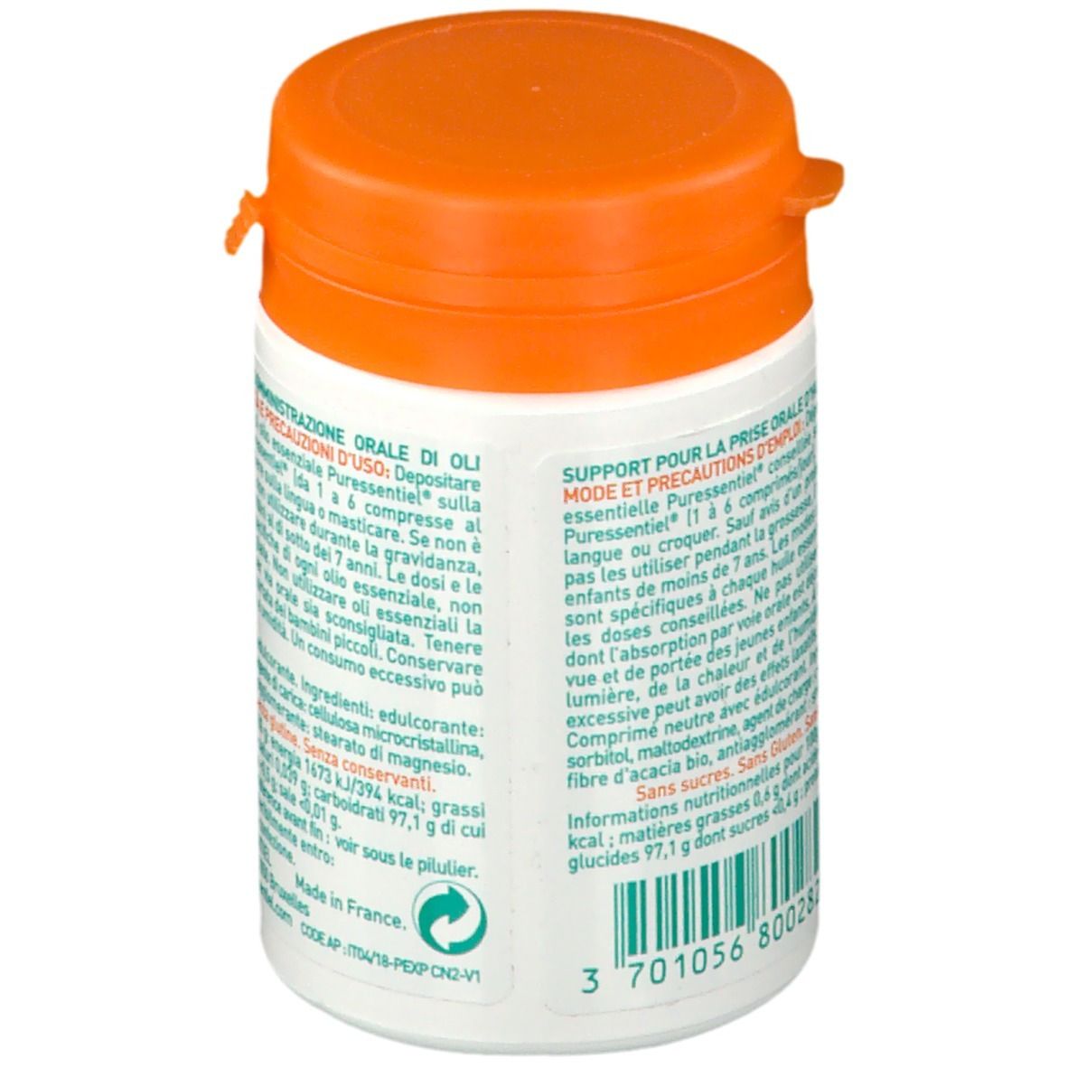 Retro di un flacone bianco con coperchio arancione. Testo: informazioni prodotto, ingredienti, valori nutrizionali.