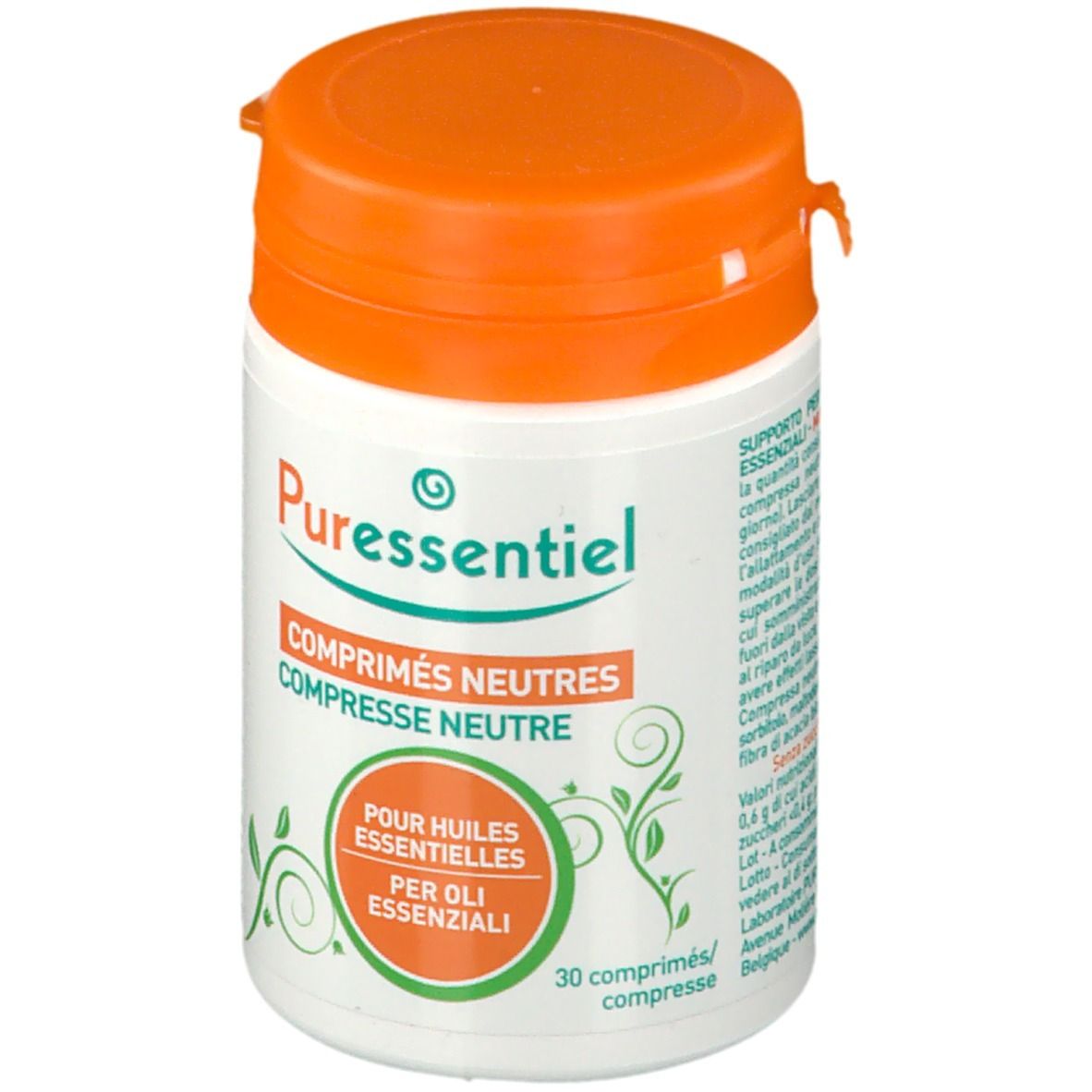 Flacone bianco con coperchio arancione. Scritta: Puressentiel, Comprimés Neutres. Etichetta con informazioni.