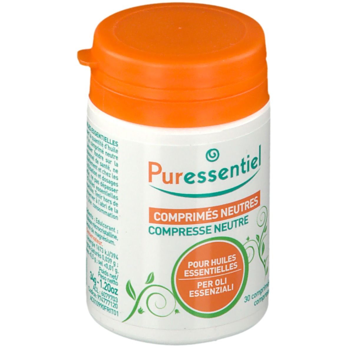 Flacone bianco con coperchio arancione. Scritta: Puressentiel, Comprimés Neutres. Etichetta con informazioni.