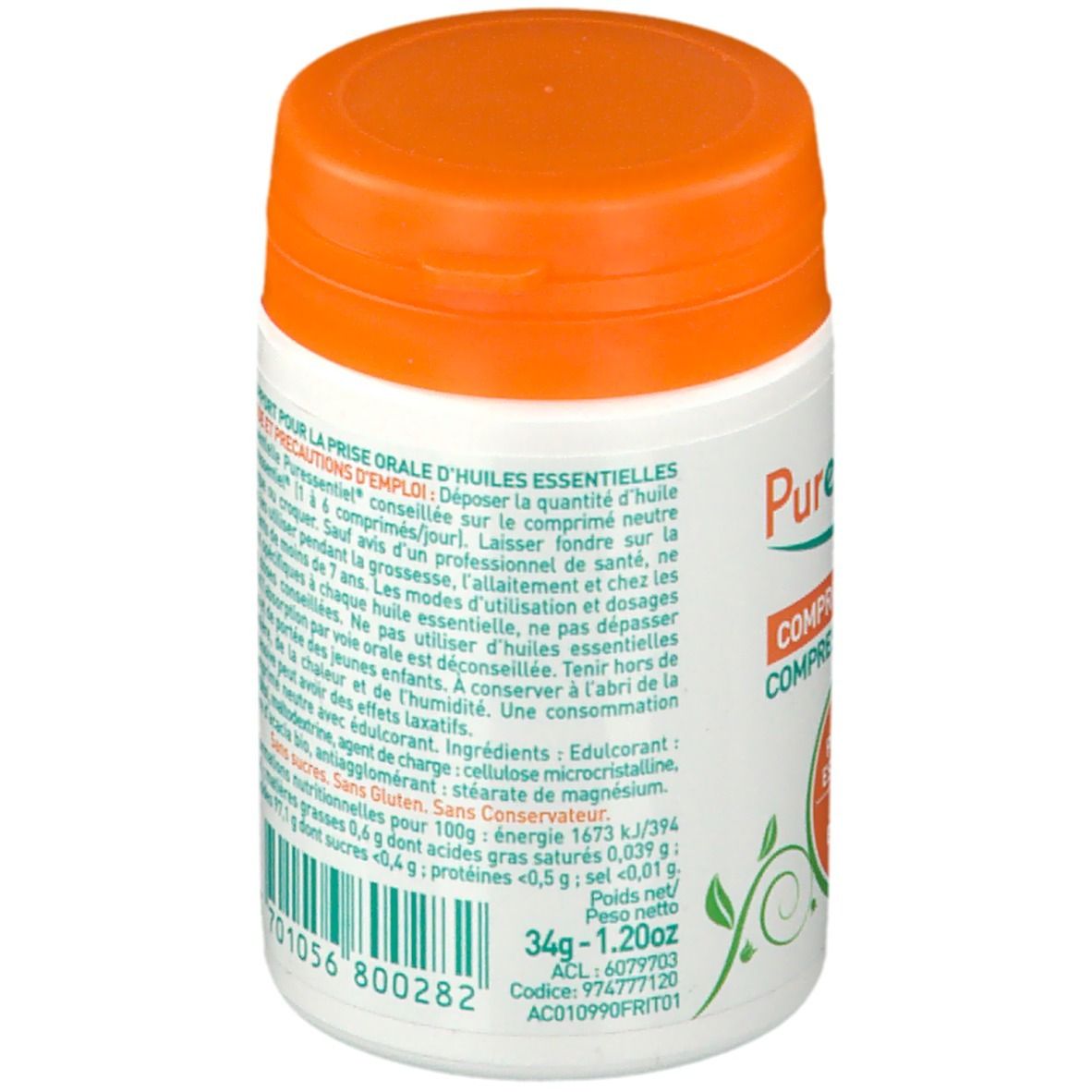 Retro di un flacone bianco con coperchio arancione. Testo: informazioni prodotto, ingredienti, valori nutrizionali.