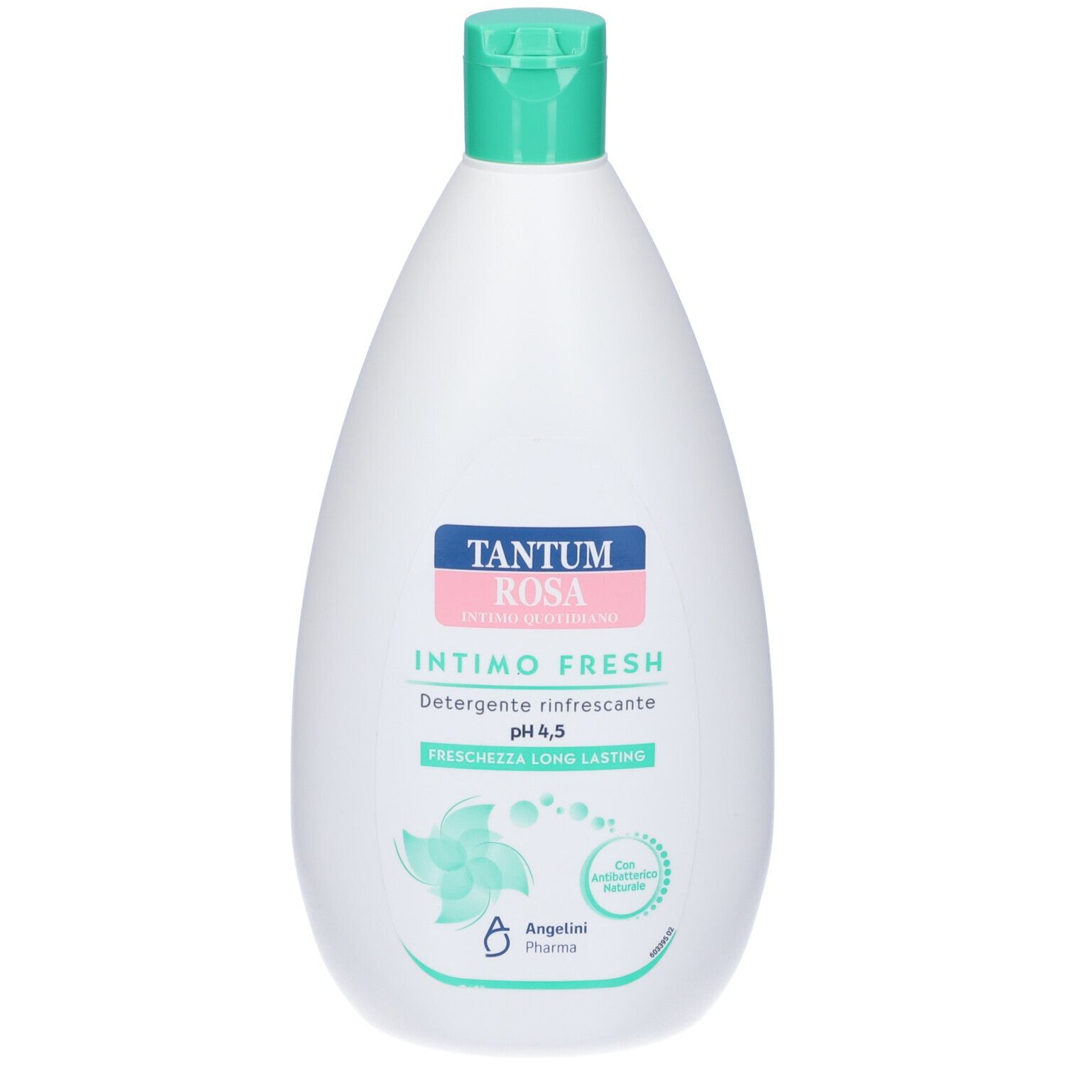 Weiße Flasche mit grünem Verschluss. Aufschrift: Tantum Rosa Intimo Fresh, pH 4,5. Logo mit Blume und Schriftzug Angelini.