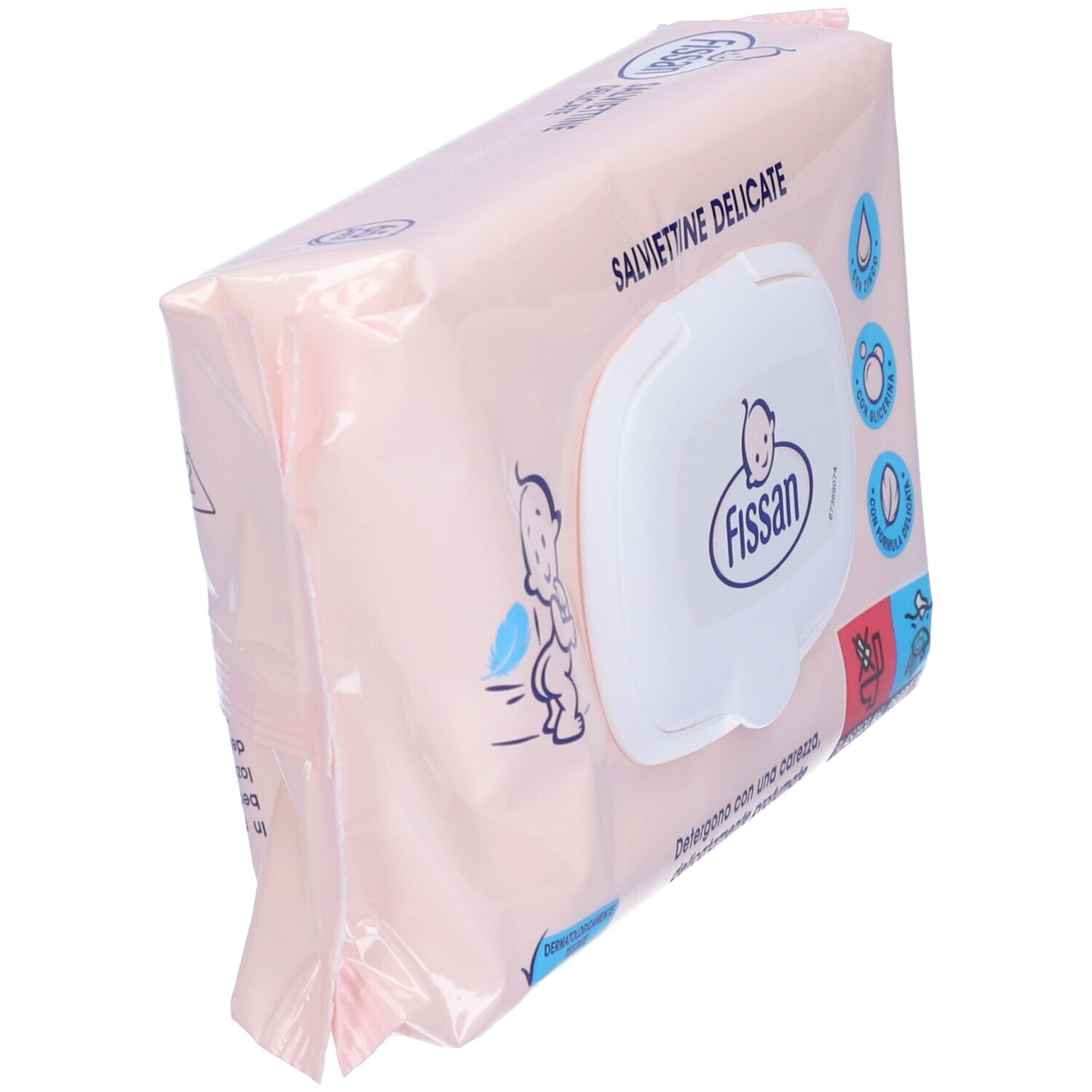 Rosa Verpackung 'Salviettine Delicate' mit Fissan-Logo. Schräge Ansicht. Baby-Illustration und Produktmerkmale.