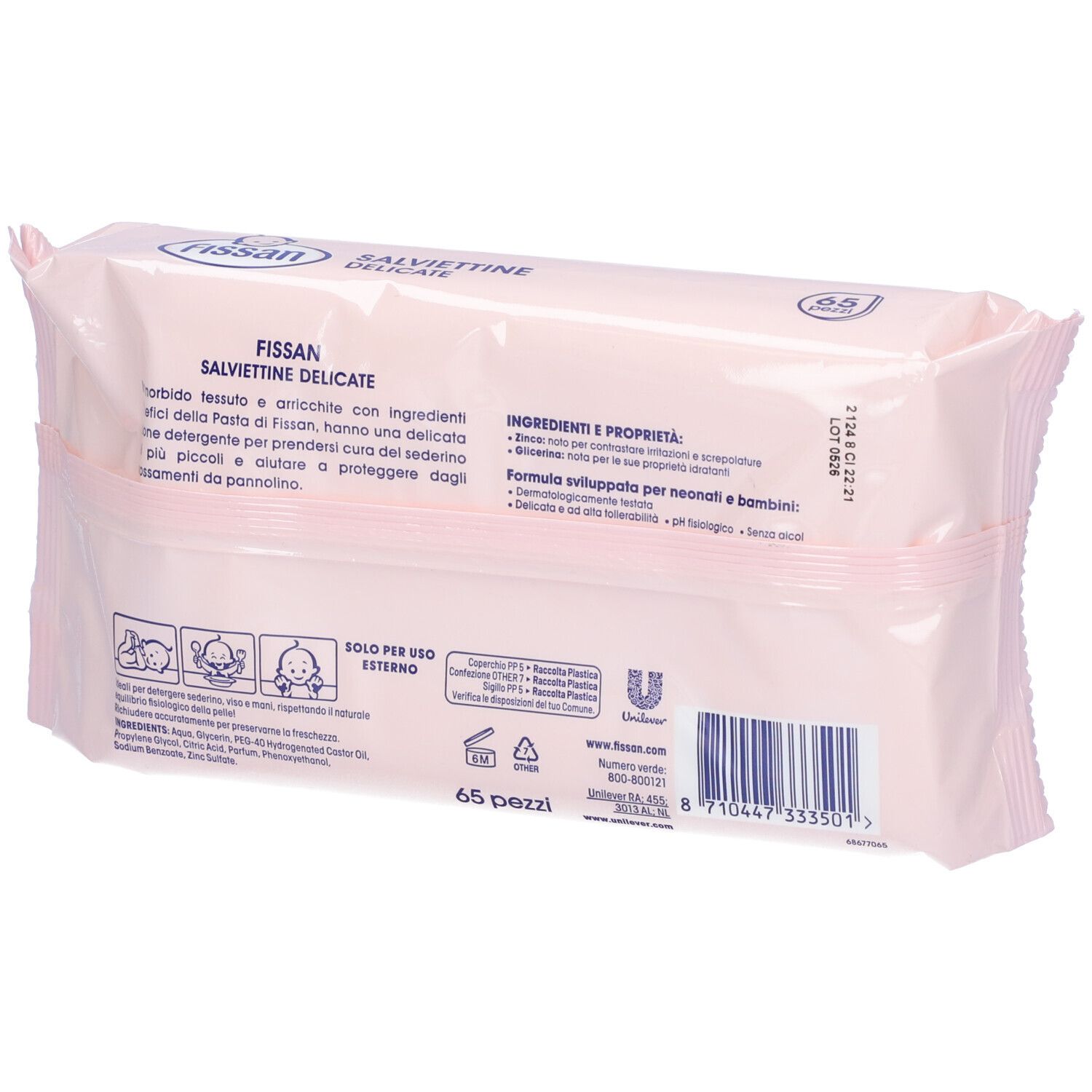 Rückseite der rosa Verpackung 'Salviettine Delicate' mit Fissan-Logo. Enthält 65 Tücher. Text und Symbole.