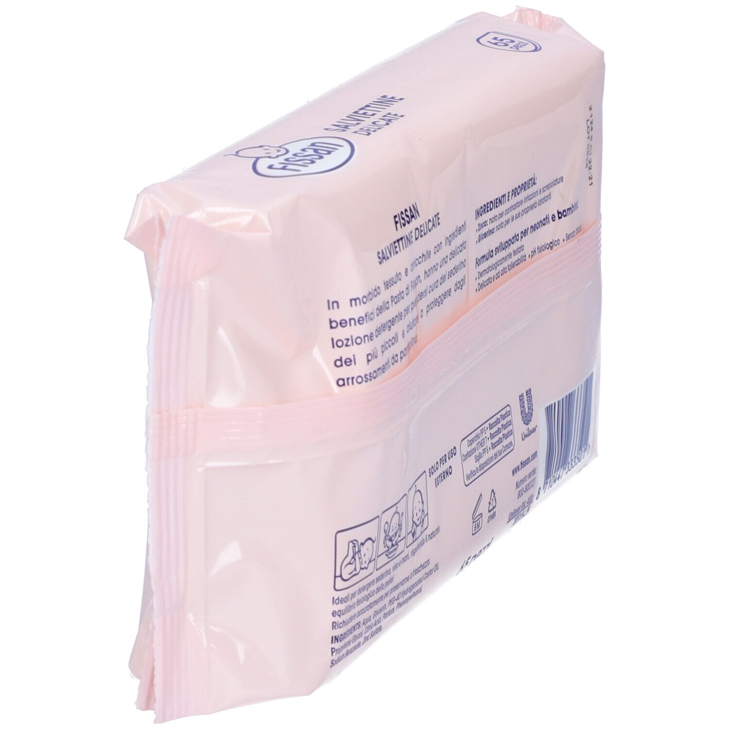 Schräge Ansicht der rosa Verpackung 'Salviettine Delicate' mit Fissan-Logo. Text und Symbole.