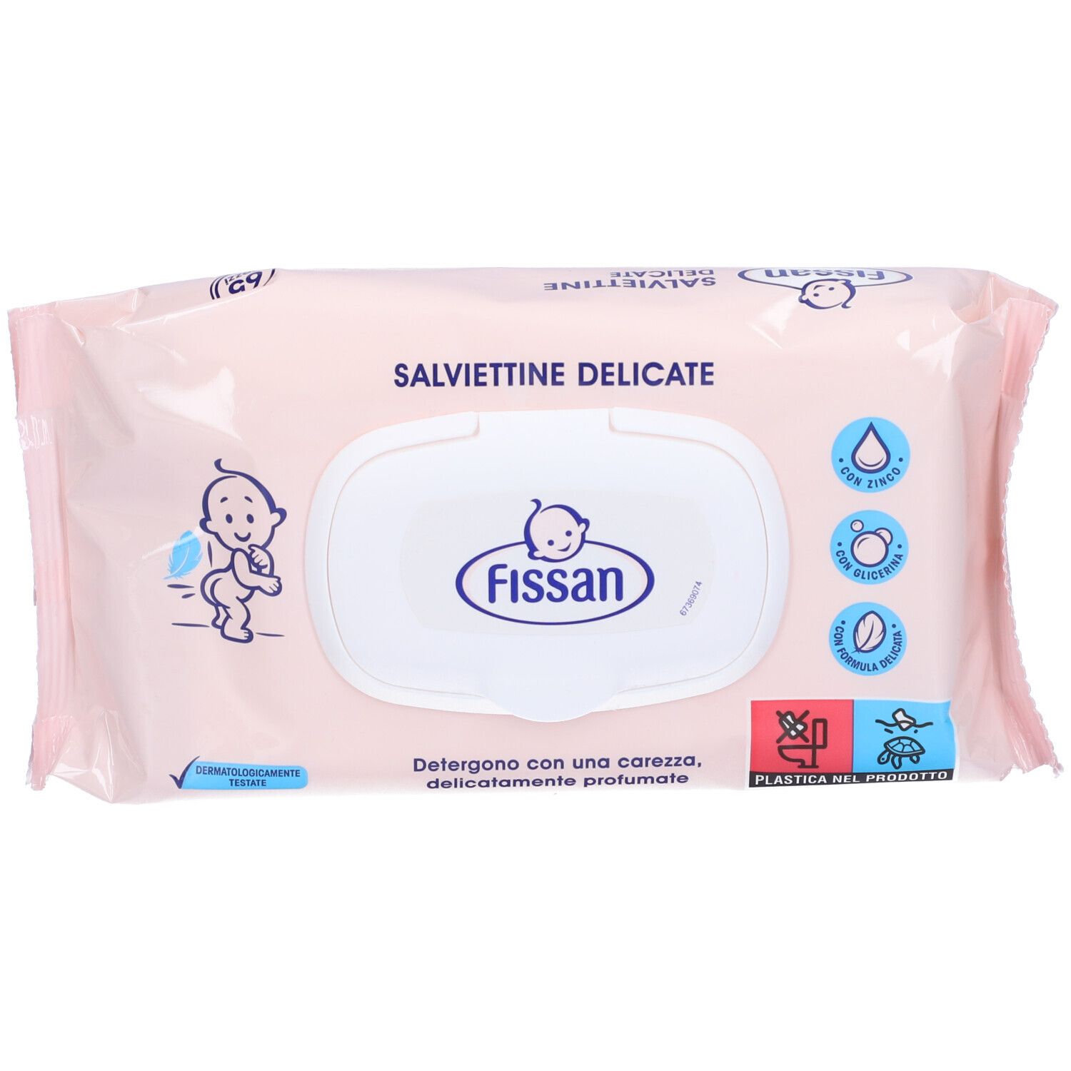 Rosa Verpackung 'Salviettine Delicate' mit Fissan-Logo. Enthält 65 Tücher. Baby-Illustration und Produktmerkmale.