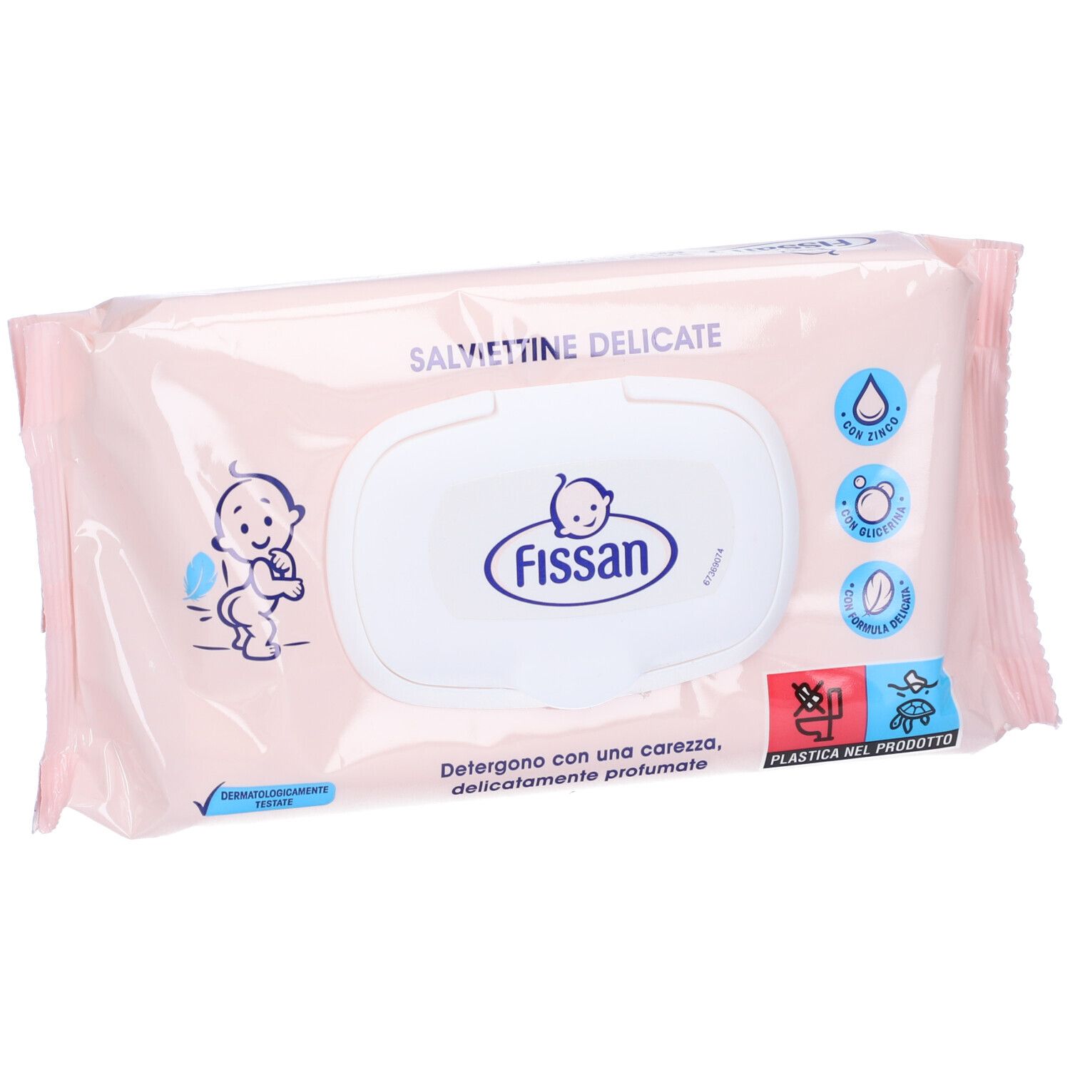 Rosa Verpackung 'Salviettine Delicate' mit Fissan-Logo. Enthält 65 Tücher. Baby-Illustration und Produktmerkmale.