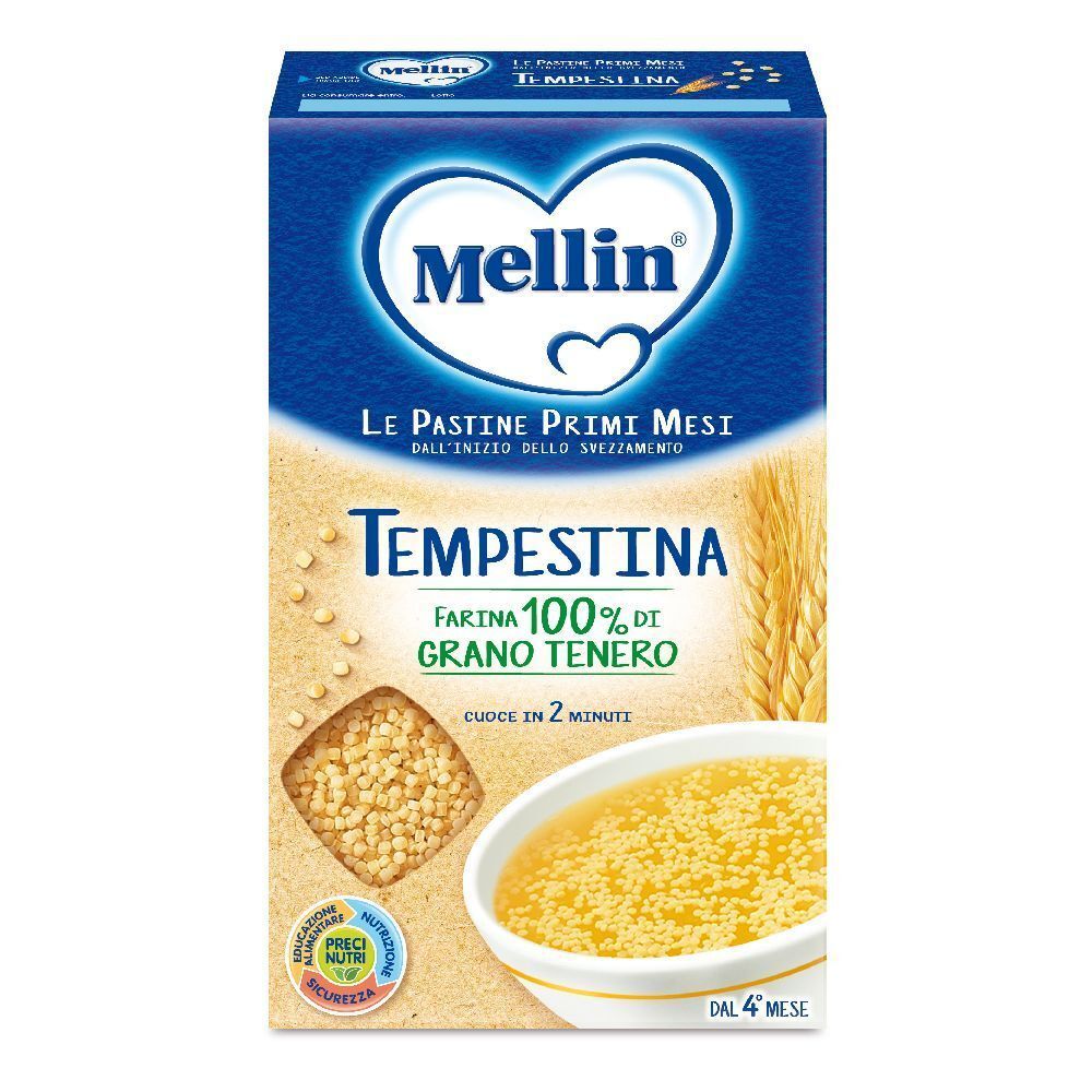 Confezione blu e bianca Mellin Tempestina. Mostra pasta e una ciotola di zuppa. Contiene spighe di grano. Ingredienti 100% naturali.