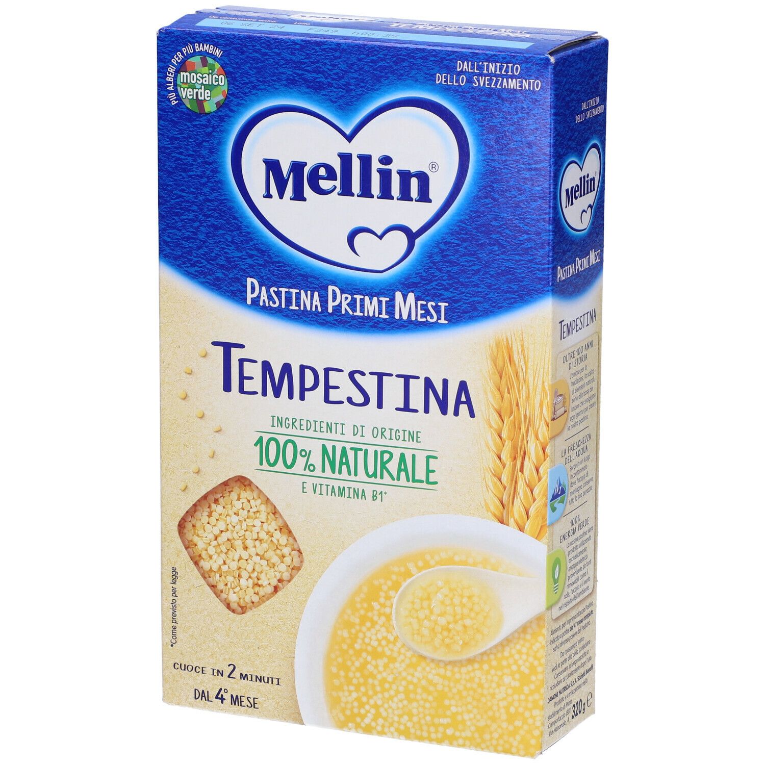 Confezione blu e bianca Mellin Tempestina. Pasta, zuppa e spighe di grano. Ingredienti 100% naturali e vitamina B1.