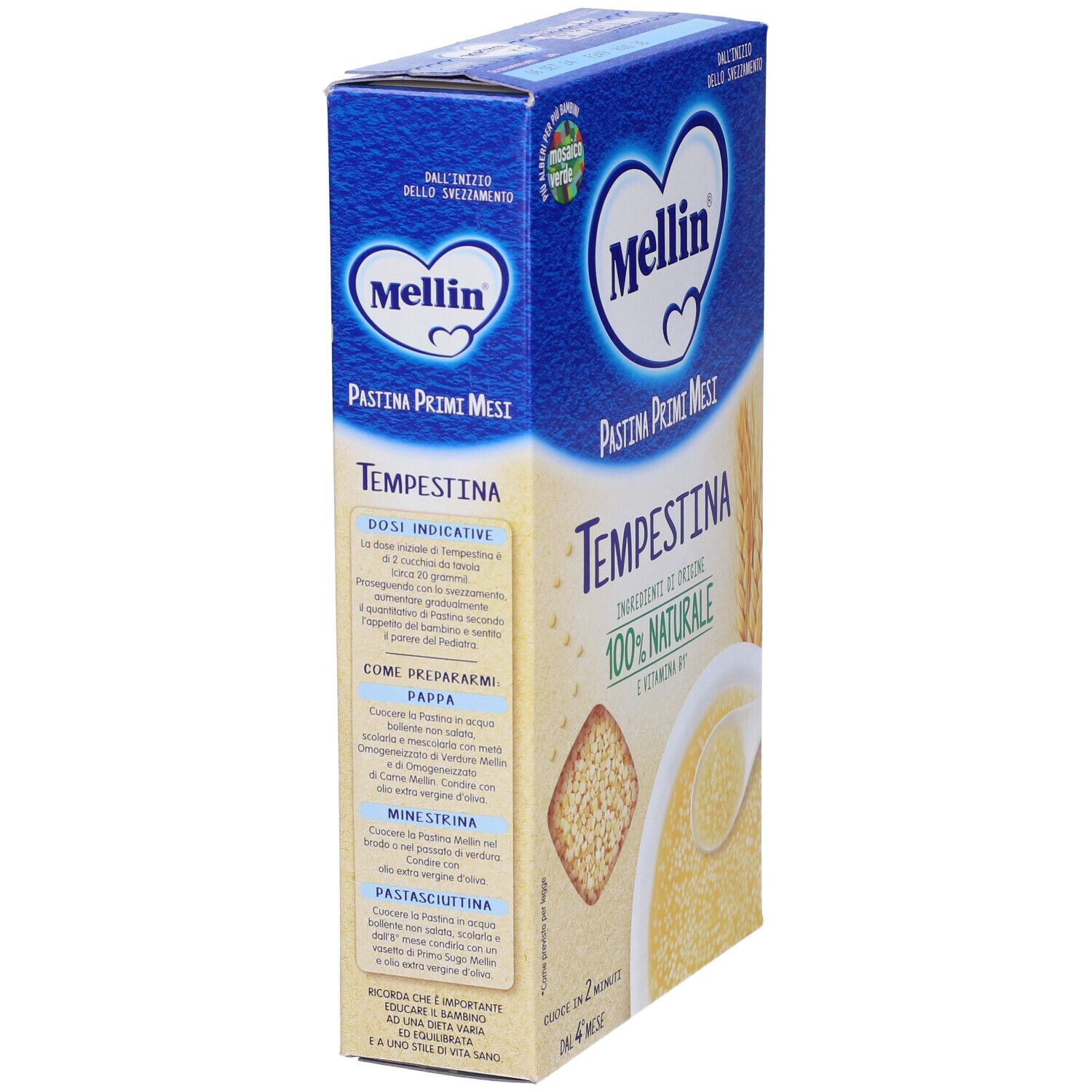 Confezione blu e bianca Mellin Tempestina. Pasta, zuppa e spighe di grano. Ingredienti 100% naturali e vitamina B1.