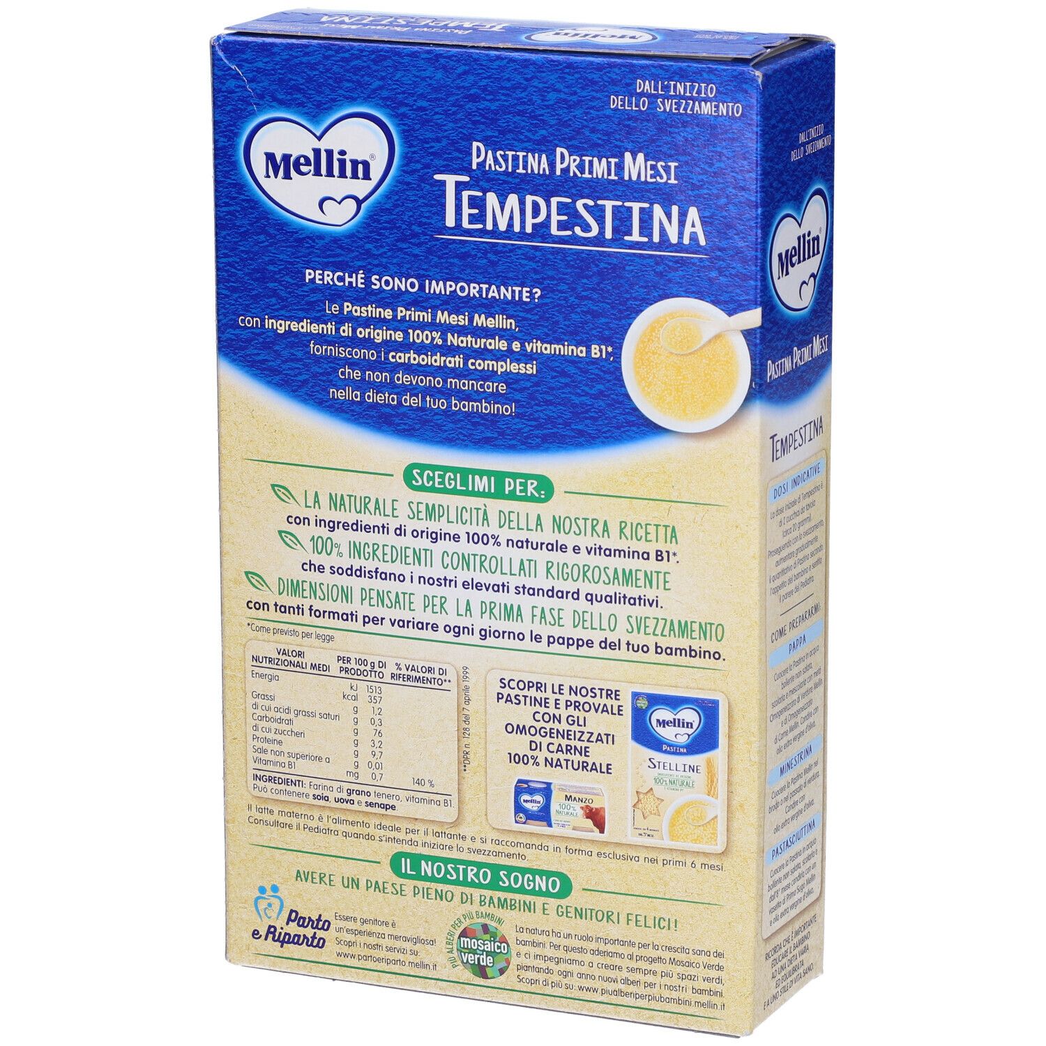 Confezione blu e bianca Mellin Tempestina. Pasta, zuppa e spighe di grano. Ingredienti 100% naturali e vitamina B1.