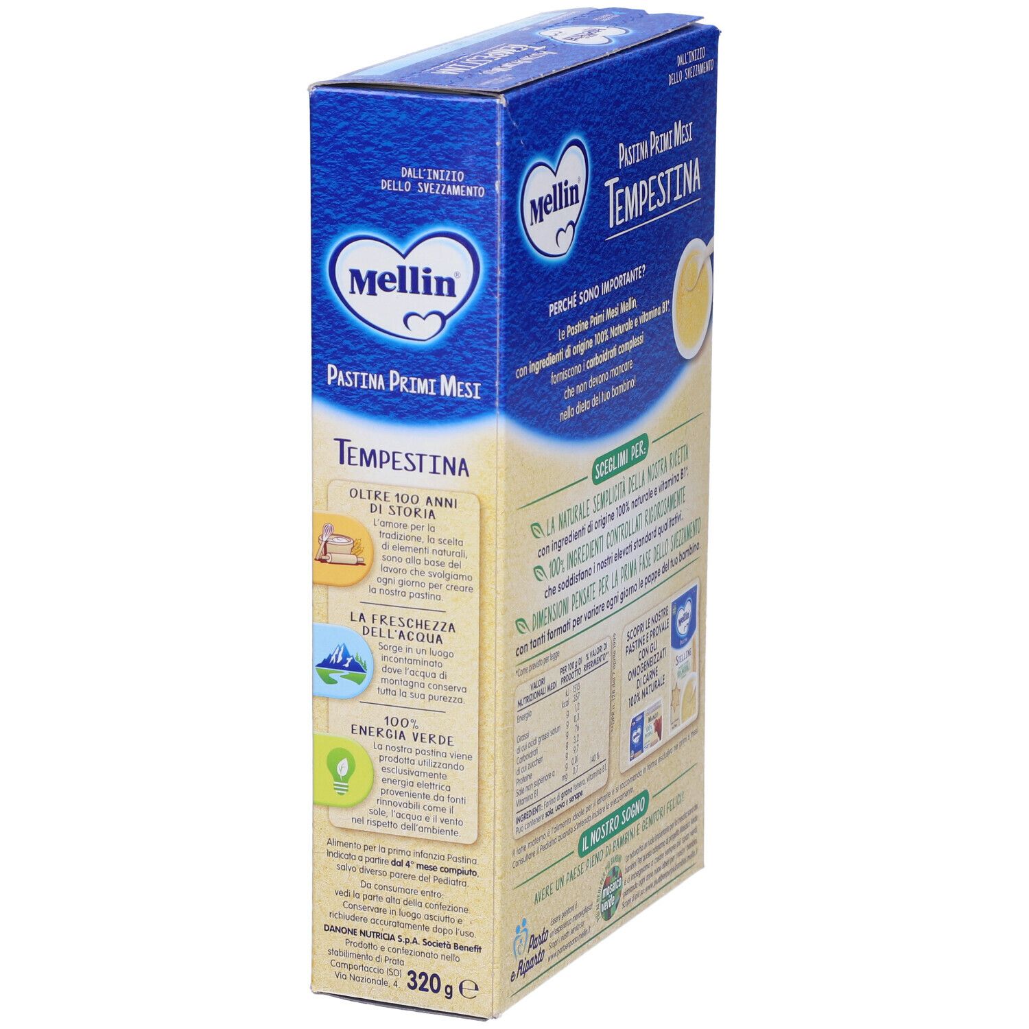 Confezione blu e bianca Mellin Tempestina. Pasta, zuppa e spighe di grano. Ingredienti 100% naturali e vitamina B1.