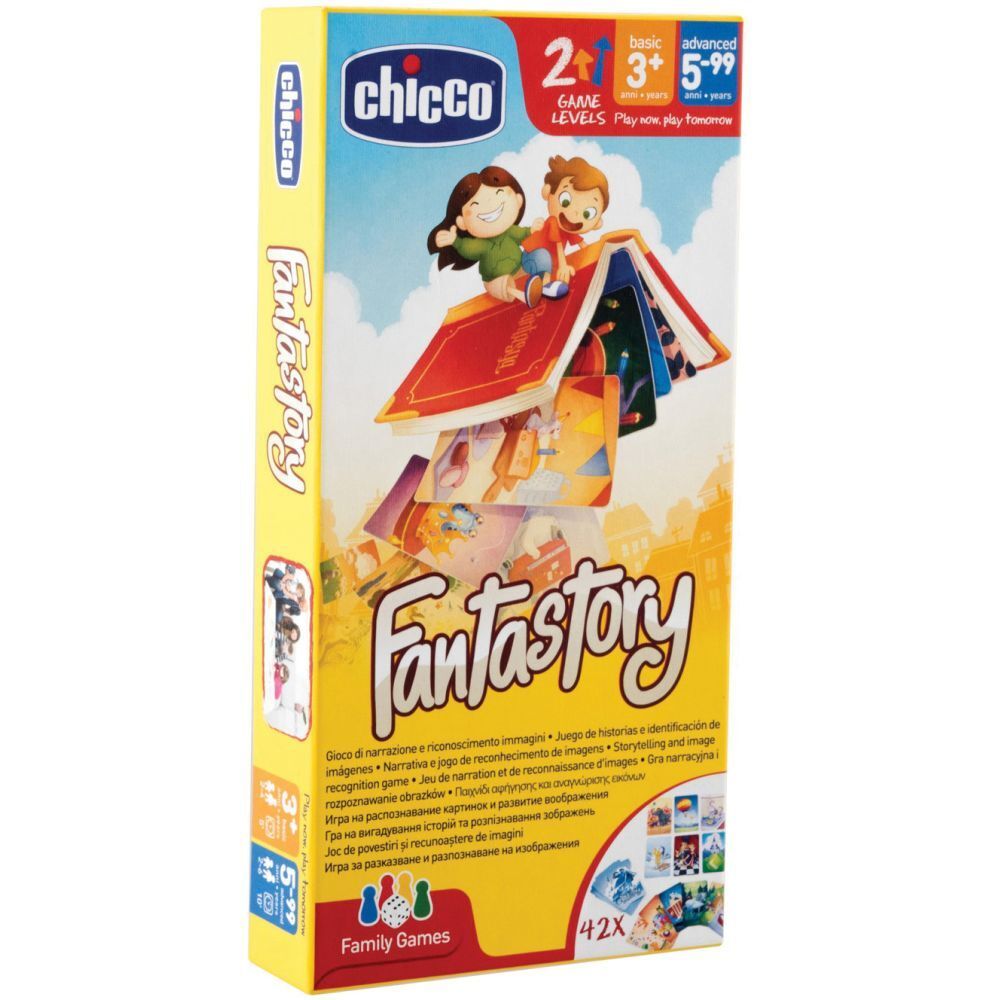 Scatola del gioco Fantastory. Illustrazioni di bambini e carte. Marchio Chicco.