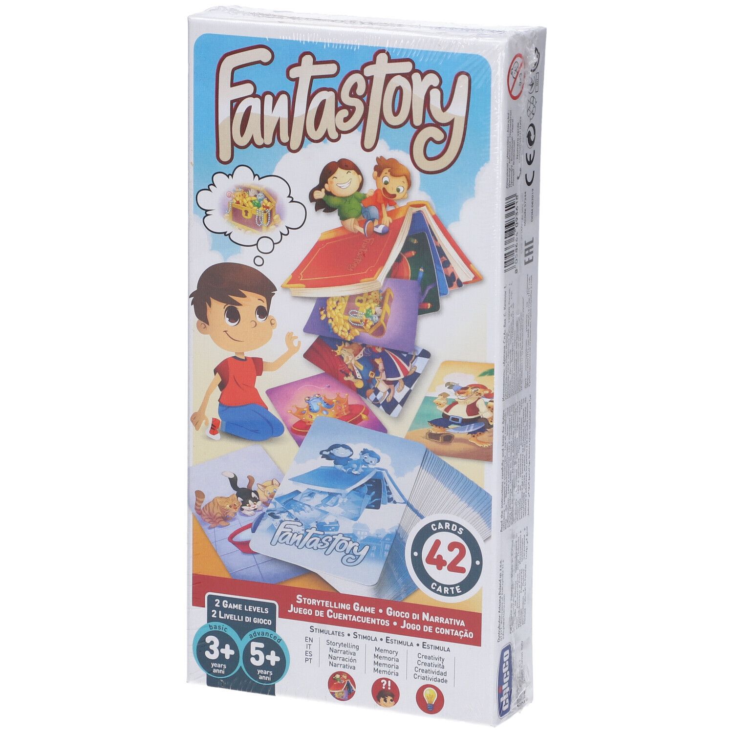 Scatola del gioco Fantastory. Illustrazioni di bambini e carte. 42 carte.