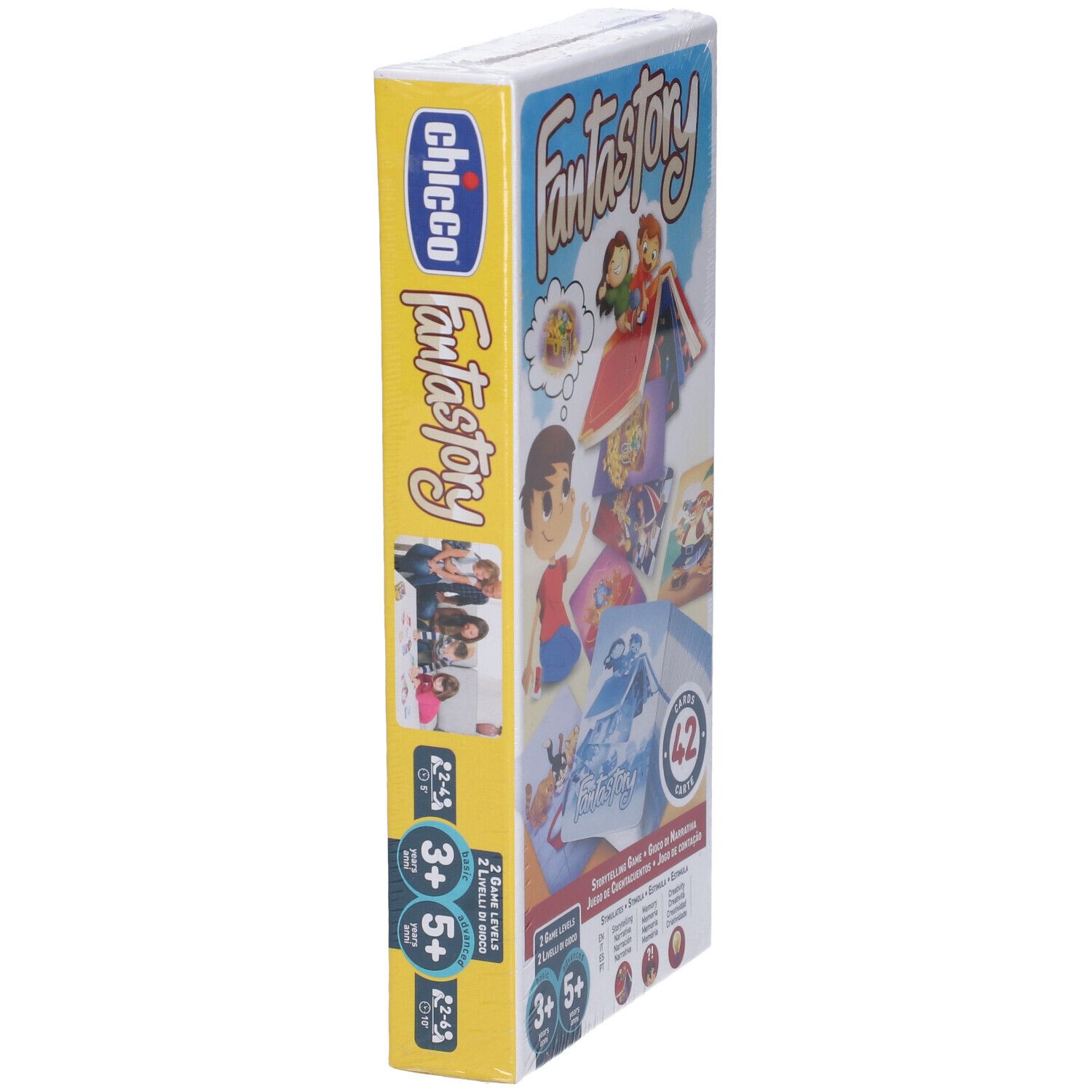 Scatola del gioco Fantastory, vista laterale. Illustrazioni di bambini e carte. 42 carte.
