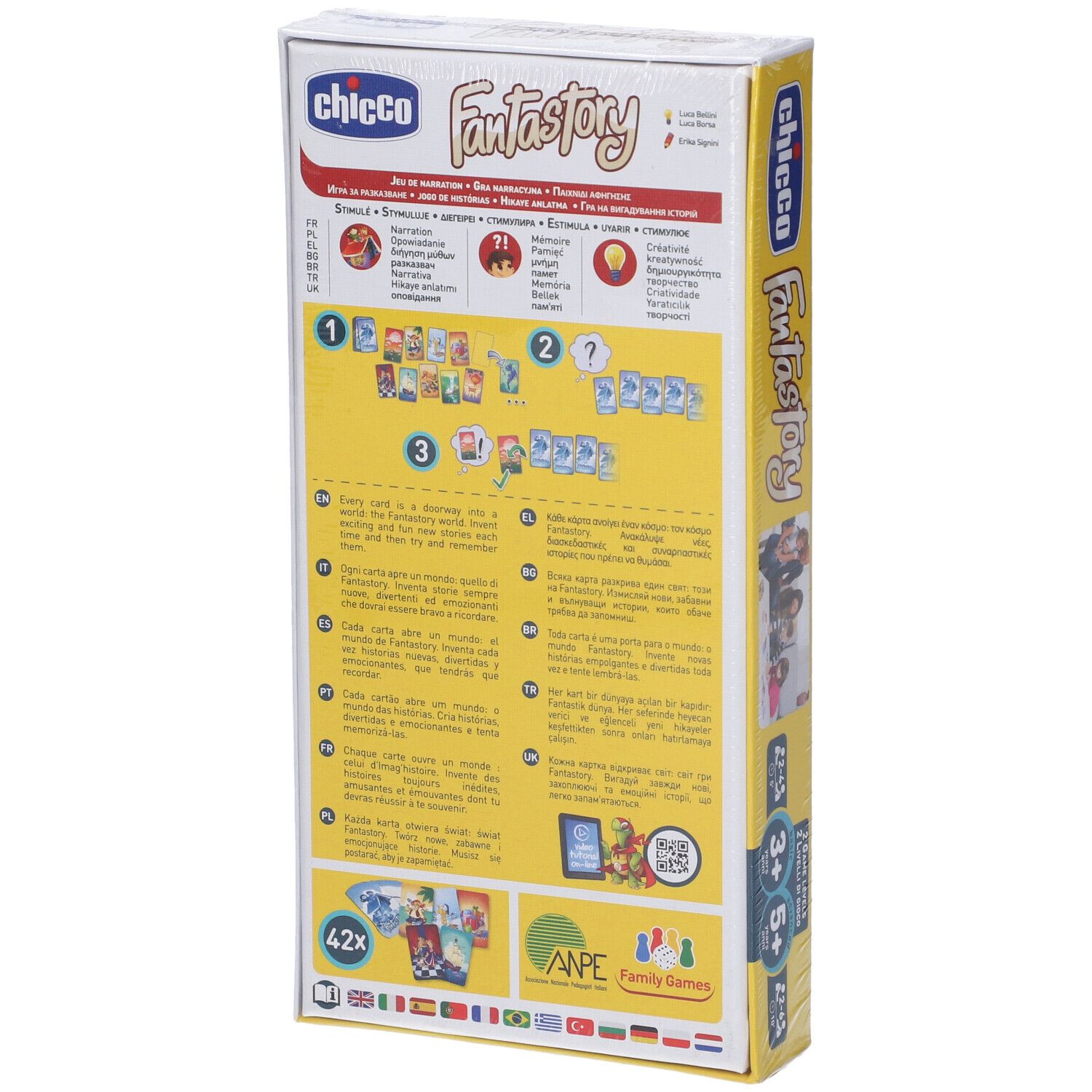 Retro della scatola del gioco Fantastory. Testo e illustrazioni. 42 carte.