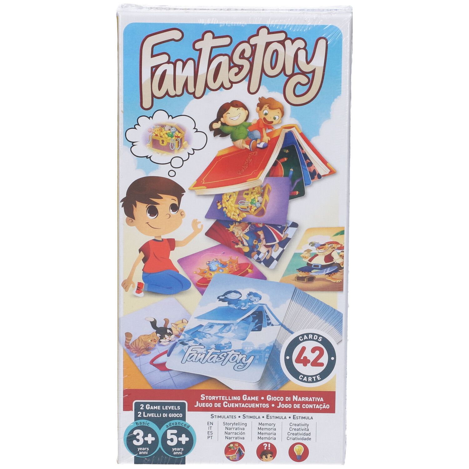 Scatola del gioco Fantastory. Illustrazioni di bambini e carte. 42 carte.