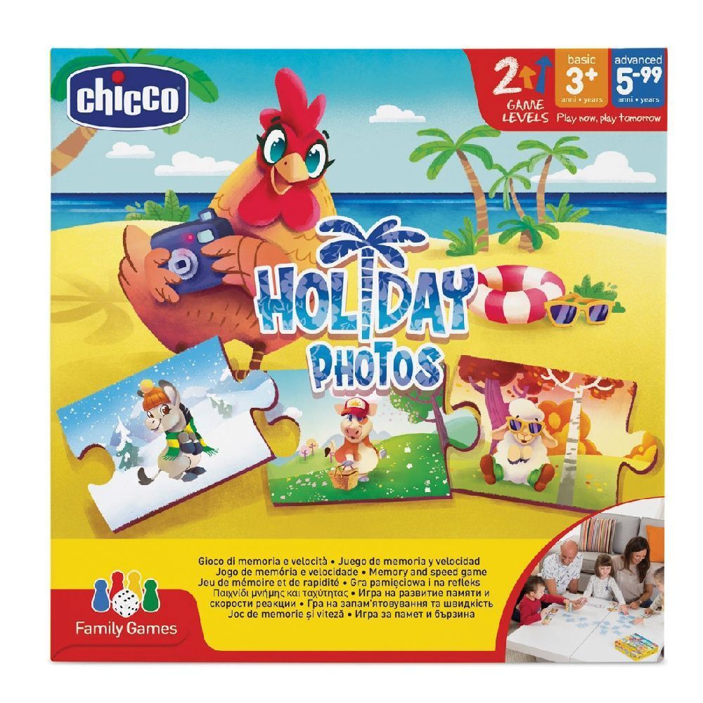 Scatola del gioco "Holiday Photos". Sono raffigurati pezzi di puzzle con motivi di animali, una gallina ed elementi spiaggia.