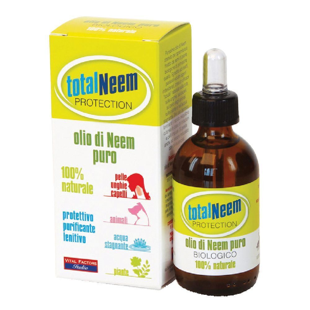 Flacone in vetro marrone e scatola con nome prodotto « totalNeem ». Scritta « olio di Neem puro » e « 100% naturale ».