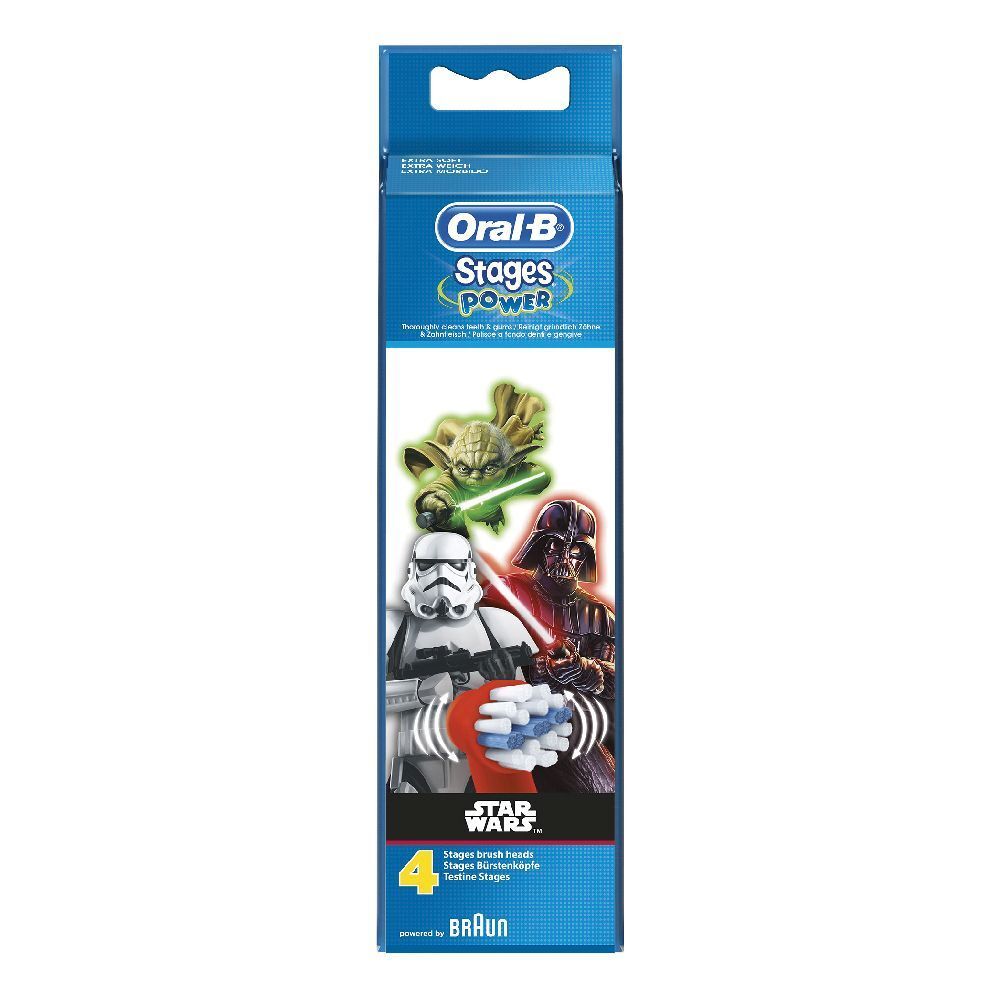 Testine Oral-B Stages Power Star Wars. Confezione da 4. Personaggi: Yoda, Darth Fener, Stormtrooper. Design blu.