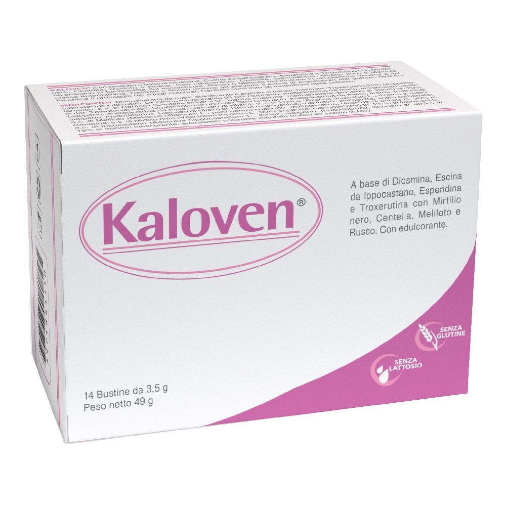 Scatola bianca con il nome Kaloven in rosa. Contiene 14 bustine. Scritto: Senza lattosio e senza glutine. Contiene Diosmina, Escina, ecc.