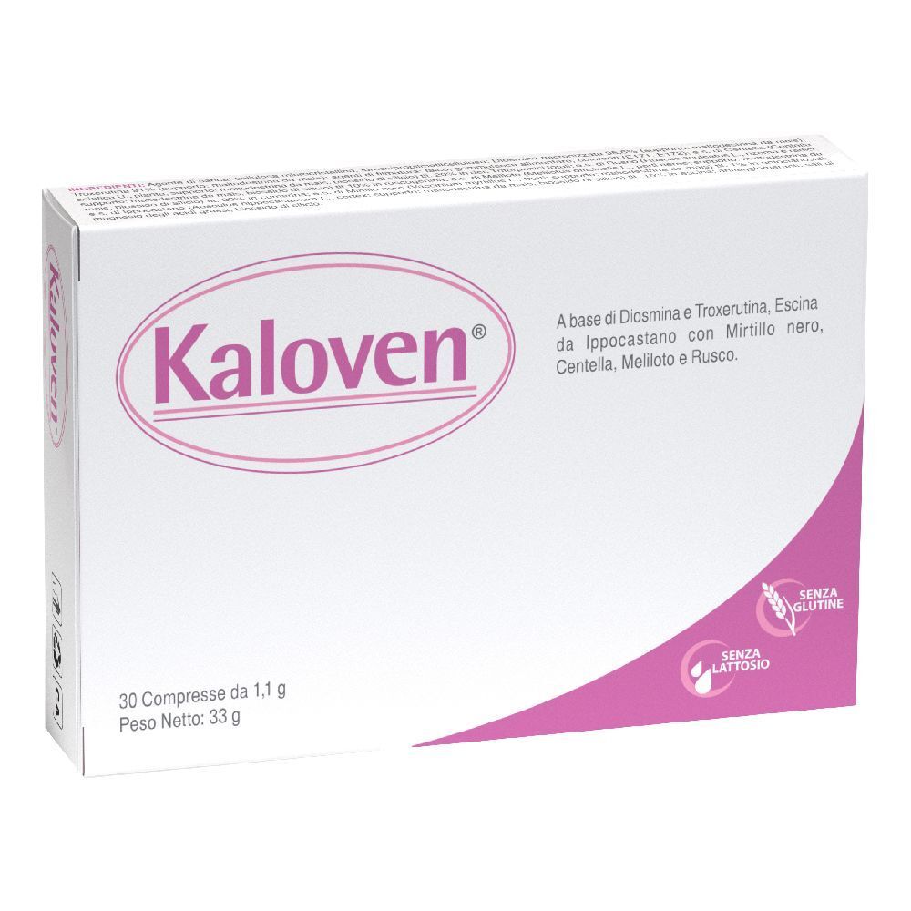 Scatola bianca con logo rosa "Kaloven". Testo: 30 compresse, senza glutine, senza lattosio. Ingredienti in italiano.