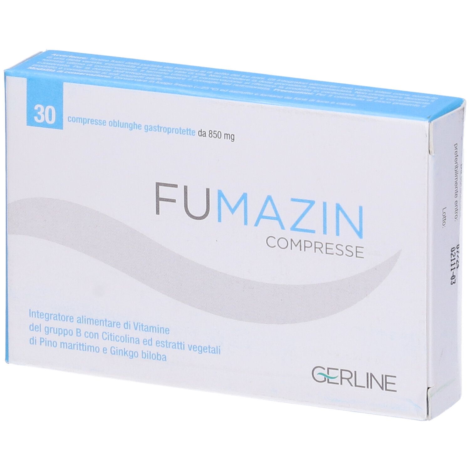 Scatola "FUMAZIN COMPRESSE". 30 compresse. Confezione blu e bianca. Logo "GERLINE".