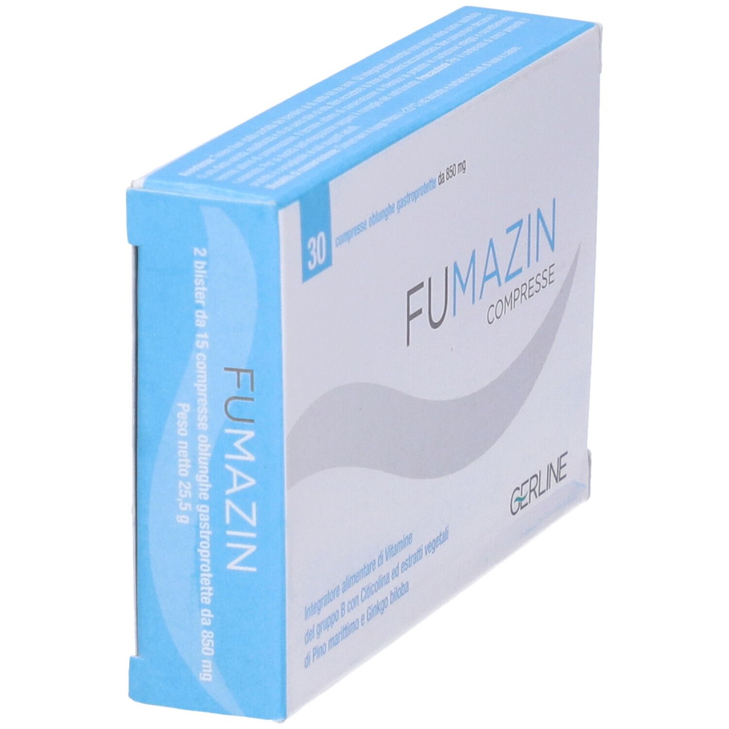 Scatola "FUMAZIN COMPRESSE" in prospettiva. Confezione blu e bianca. Logo "GERLINE". 30 compresse.