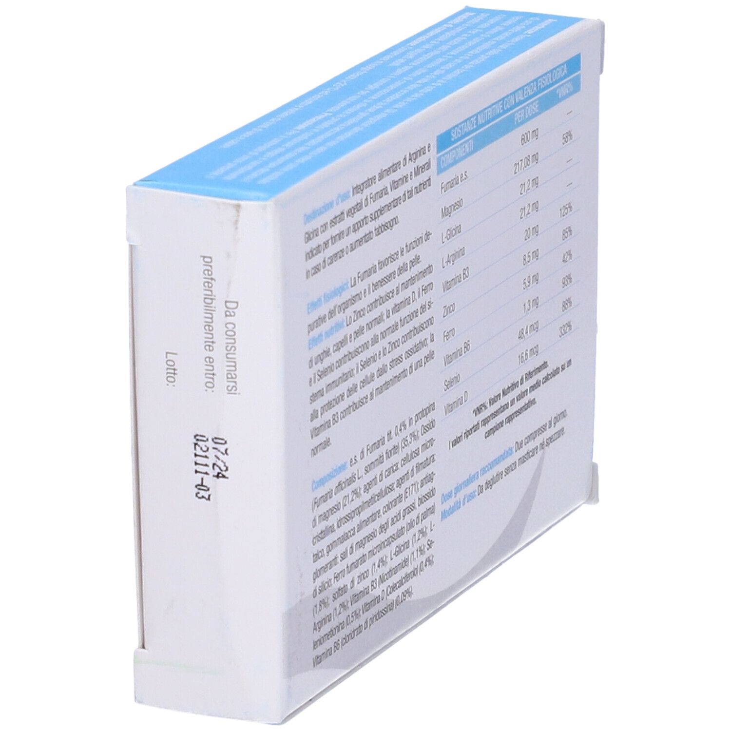 Retro della scatola "FUMAZIN COMPRESSE". Contiene informazioni e data di scadenza. Bianco e blu.