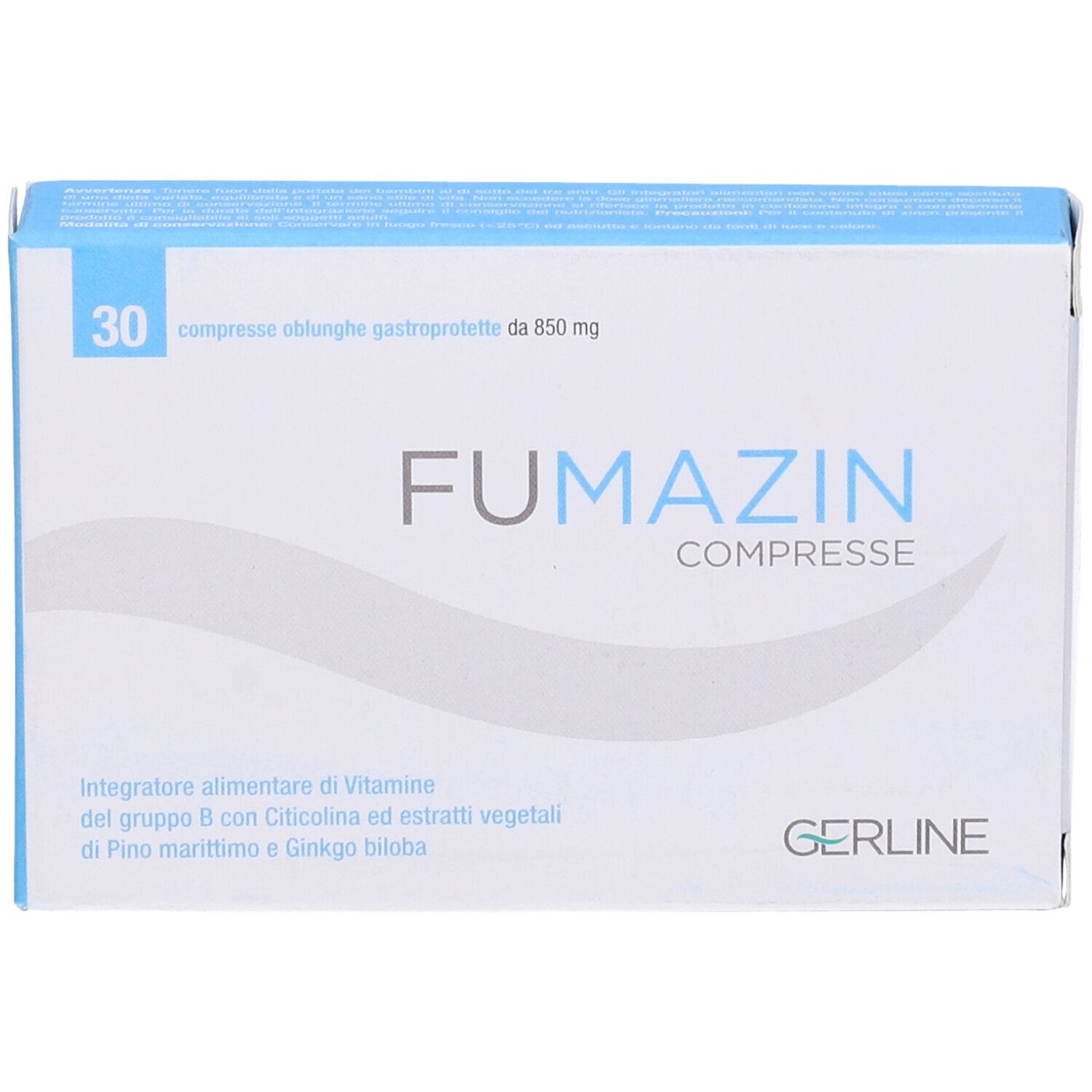 Fronte della scatola "FUMAZIN COMPRESSE". 30 compresse. Confezione blu e bianca. Logo "GERLINE".