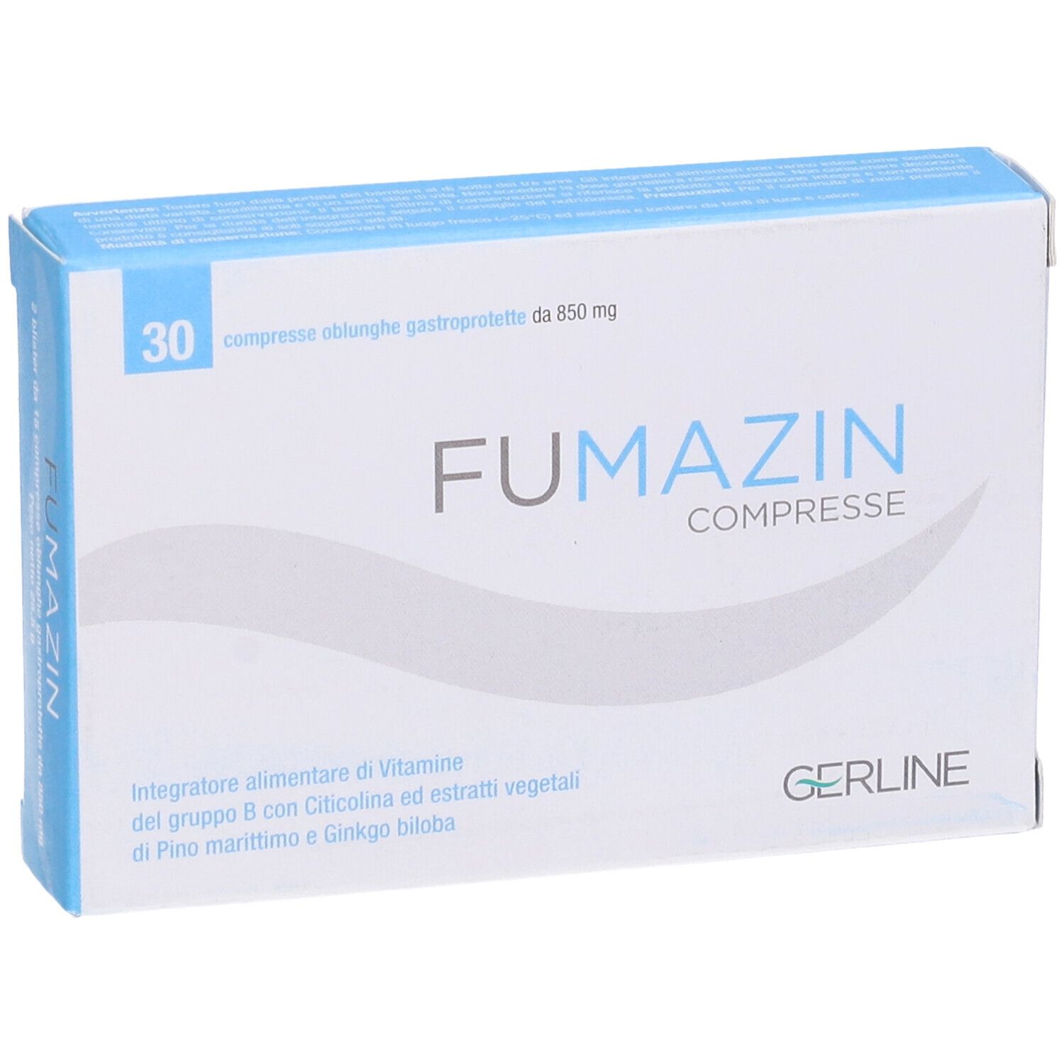 Fronte della scatola "FUMAZIN COMPRESSE". 30 compresse. Confezione blu e bianca. Logo "GERLINE".