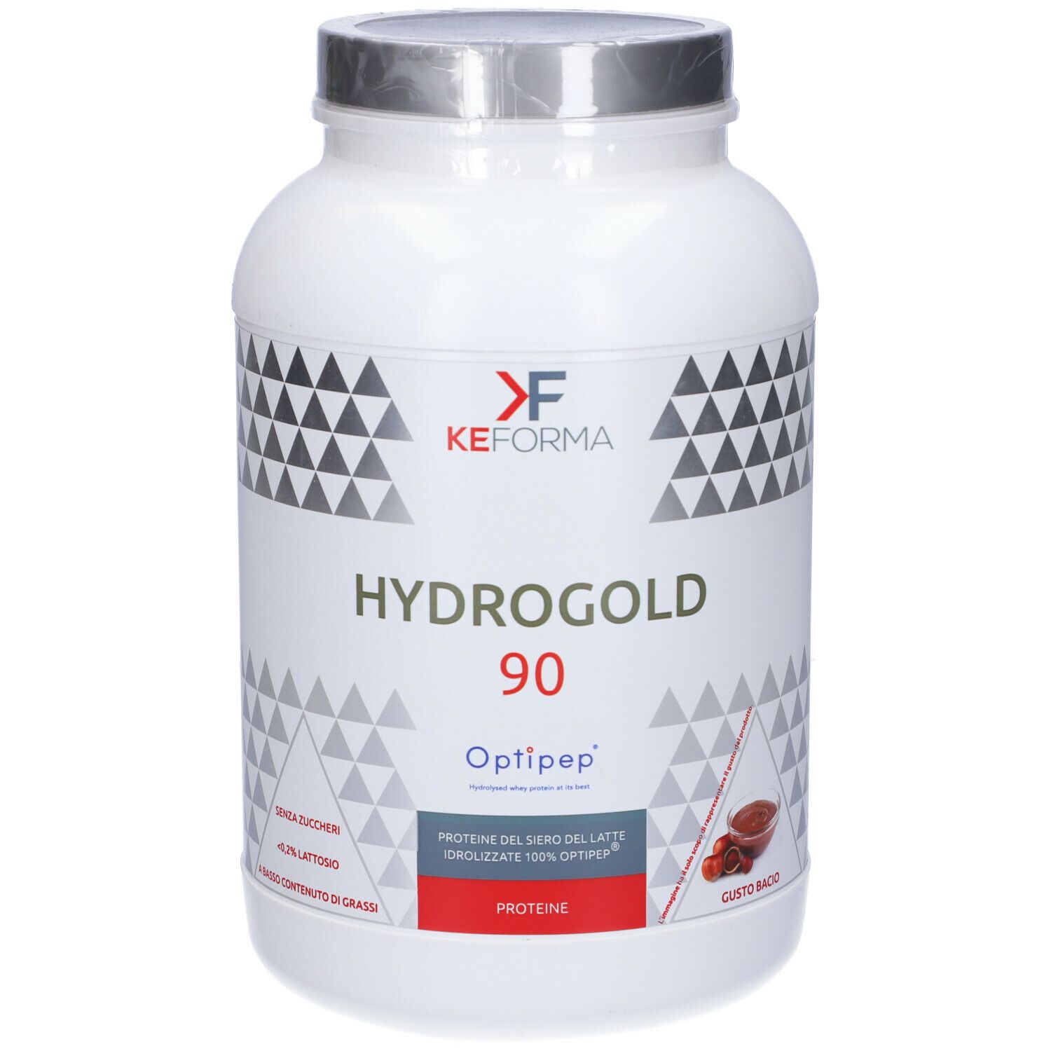 Barattolo bianco con coperchio argentato. Scritta Hydrogold 90, Optipep, KEFORMA. Gusto Bacio.