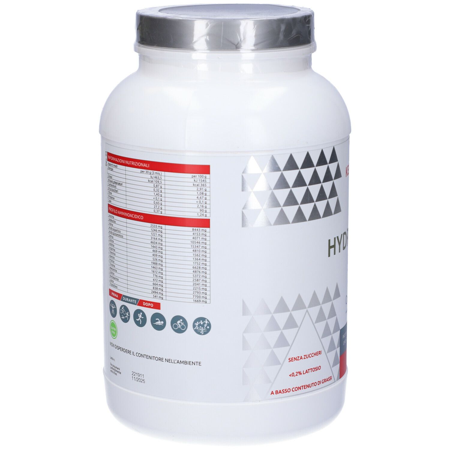 Barattolo bianco, retro con informazioni nutrizionali e loghi. Testo in italiano.