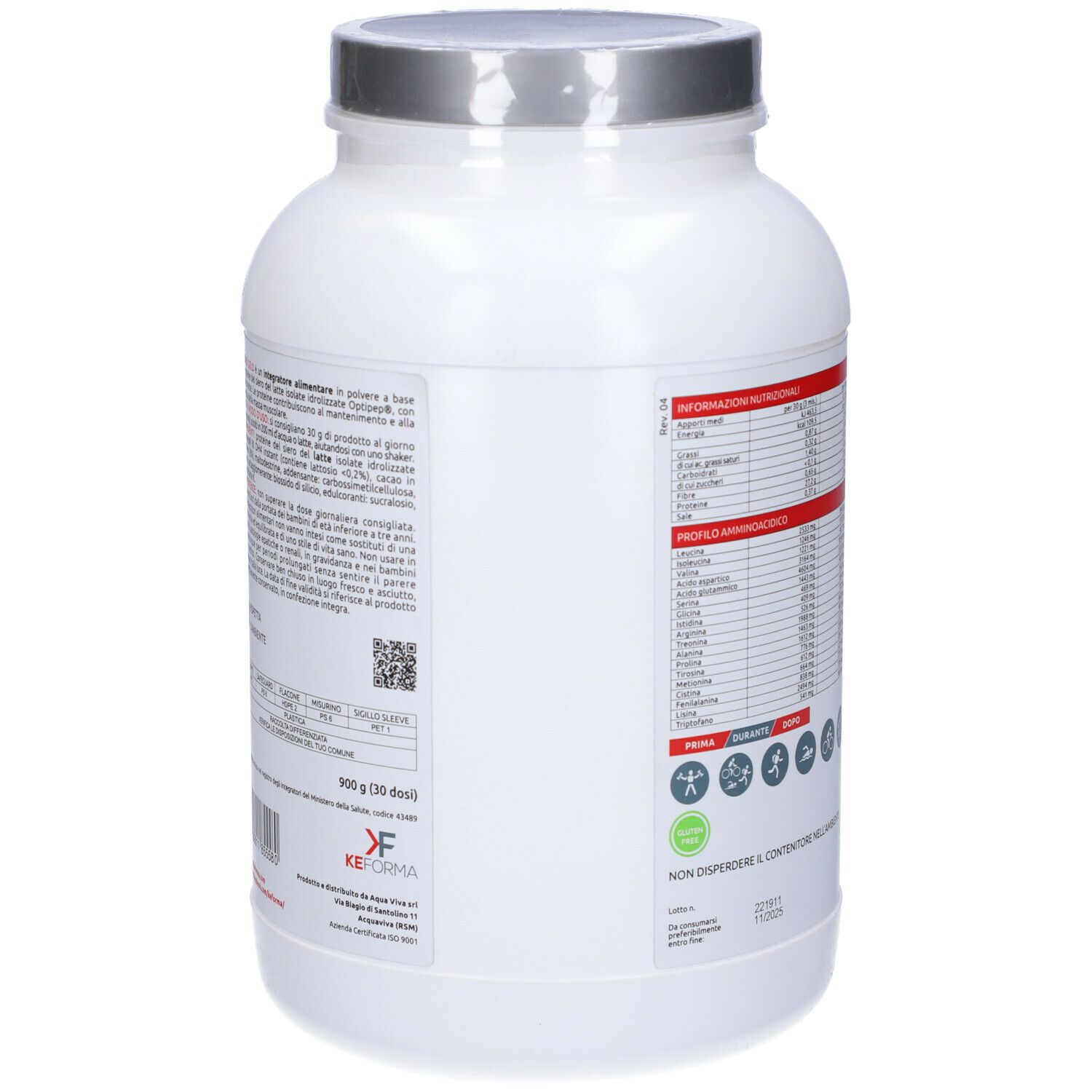 Barattolo bianco, retro con testo e codice QR. Testo in italiano. Logo KEFORMA.