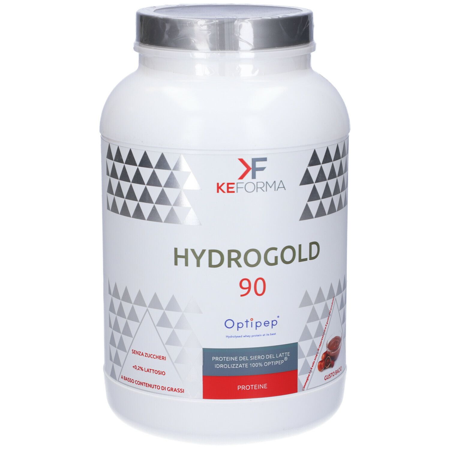 Barattolo bianco con coperchio argentato. Scritta Hydrogold 90, Optipep, KEFORMA. Gusto Bacio.