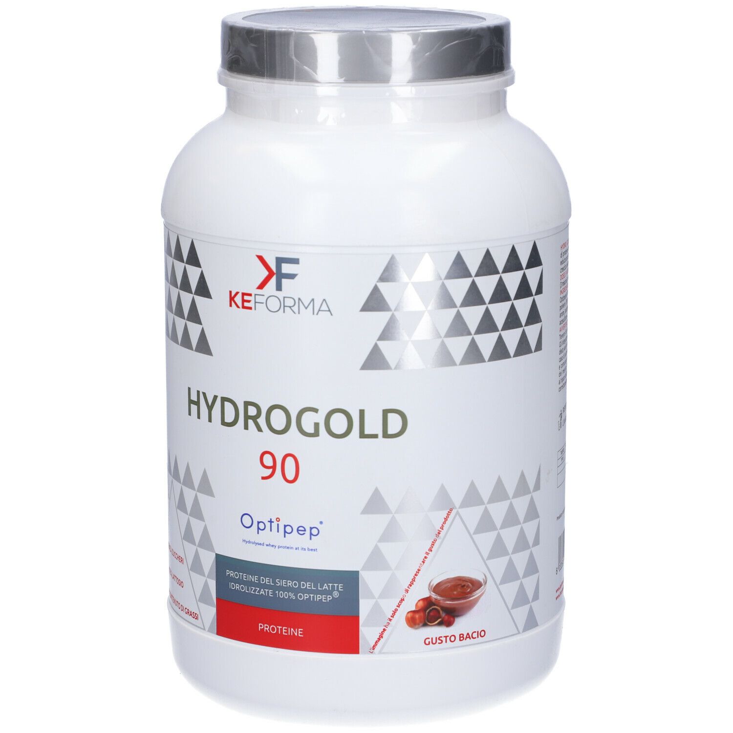 Barattolo bianco con coperchio argentato. Scritta Hydrogold 90, Optipep, KEFORMA. Gusto Bacio.